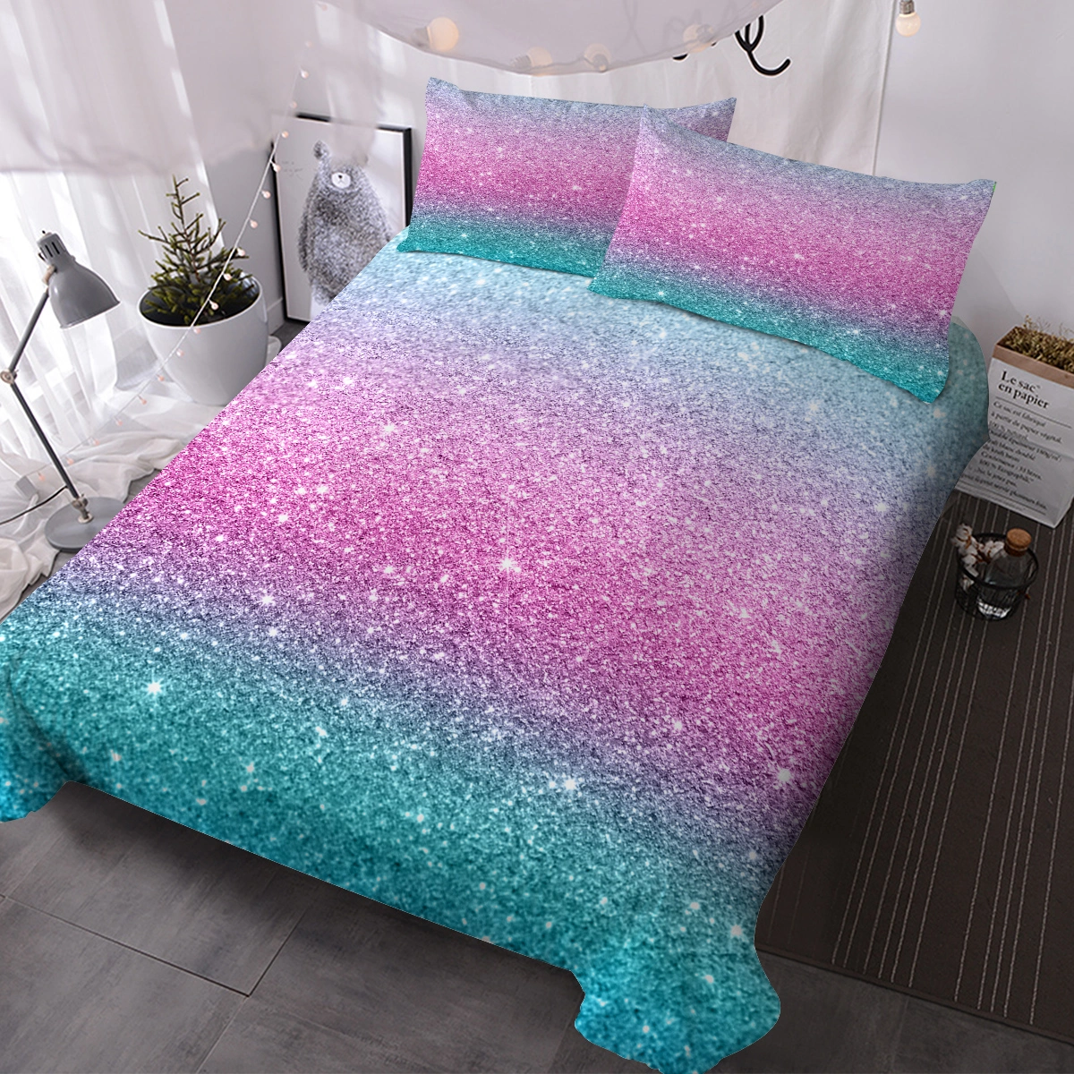 Glitter Duvet Cover 3 Piece Set Queen Size, Turquoise Blue Pink Purple Pastel Colorful Bedspread Comforter Cover Set for Girls Trendy Sparkly Bedding
