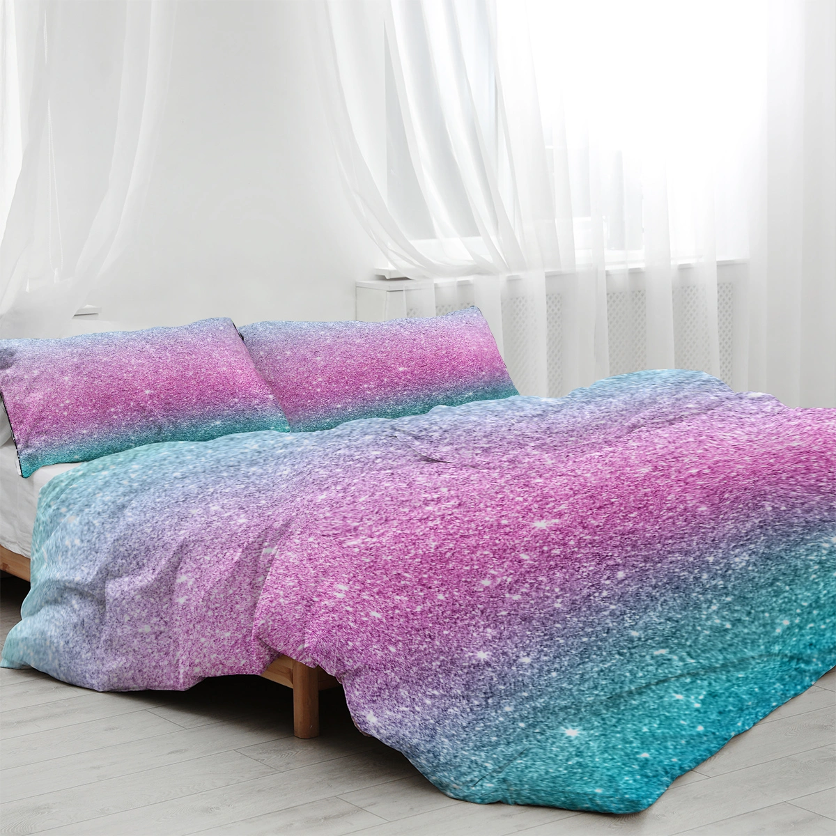 Glitter Duvet Cover 3 Piece Set Queen Size, Turquoise Blue Pink Purple Pastel Colorful Bedspread Comforter Cover Set for Girls Trendy Sparkly Bedding view 10