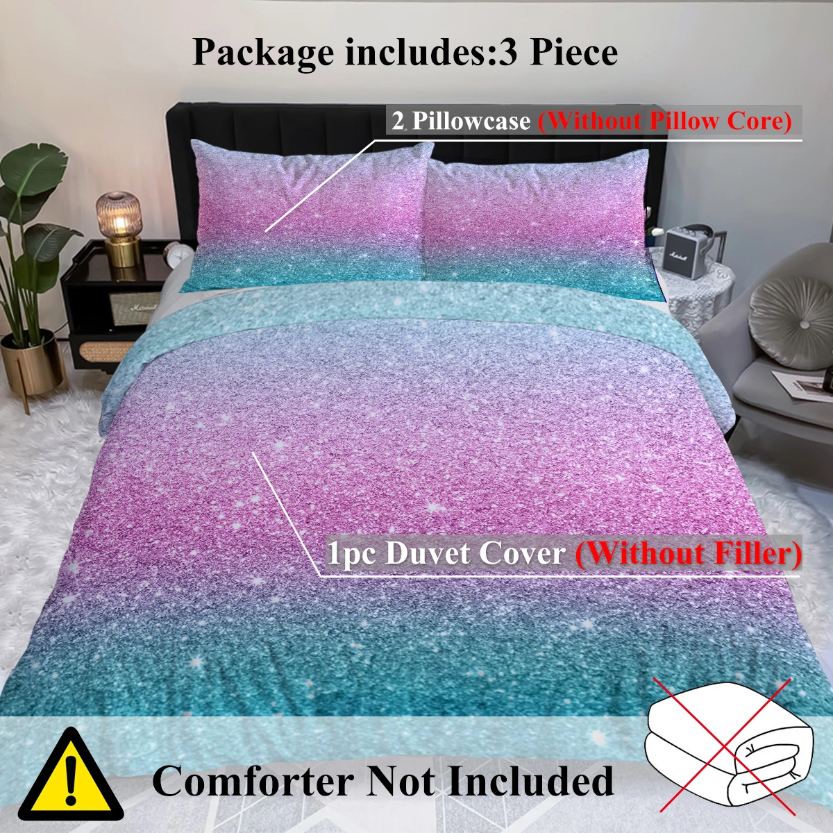 Glitter Duvet Cover 3 Piece Set Queen Size, Turquoise Blue Pink Purple Pastel Colorful Bedspread Comforter Cover Set for Girls Trendy Sparkly Bedding view 7