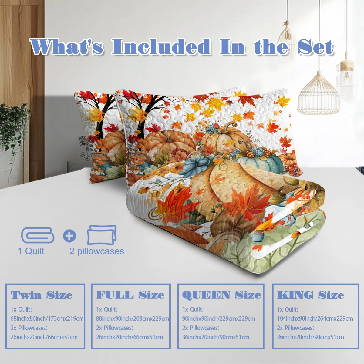 3PCS Colorful Oil Painting Pumpkin Pattern Quilt Set King Size for All Seasons Flower Fall Leaves Bedding Set with 2 Pillowcases for Kids Adults Thanksgiving Day Gifts(temu is self-pickup only) view 6