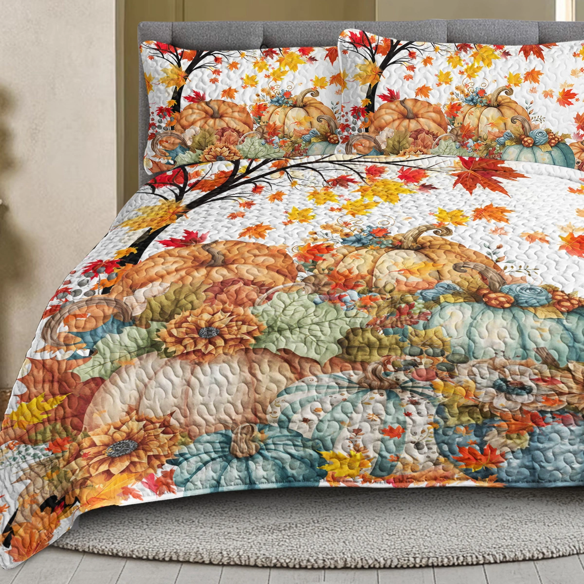3PCS Colorful Oil Painting Pumpkin Pattern Quilt Set King Size for All Seasons Flower Fall Leaves Bedding Set with 2 Pillowcases for Kids Adults Thanksgiving Day Gifts(temu is self-pickup only) view 8
