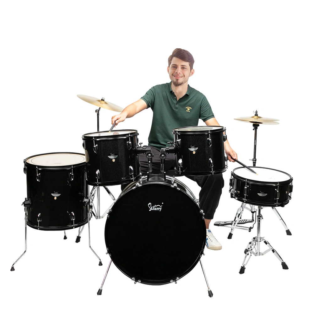 Full Size Adult Drum Set 5-Piece Black with Bass Drum, two Tom Drum, Snare Drum, Floor Tom, 16" Ride Cymbal, 14" Hi-hat Cymbals, Stool, Drum Pedal, Sticks view 2