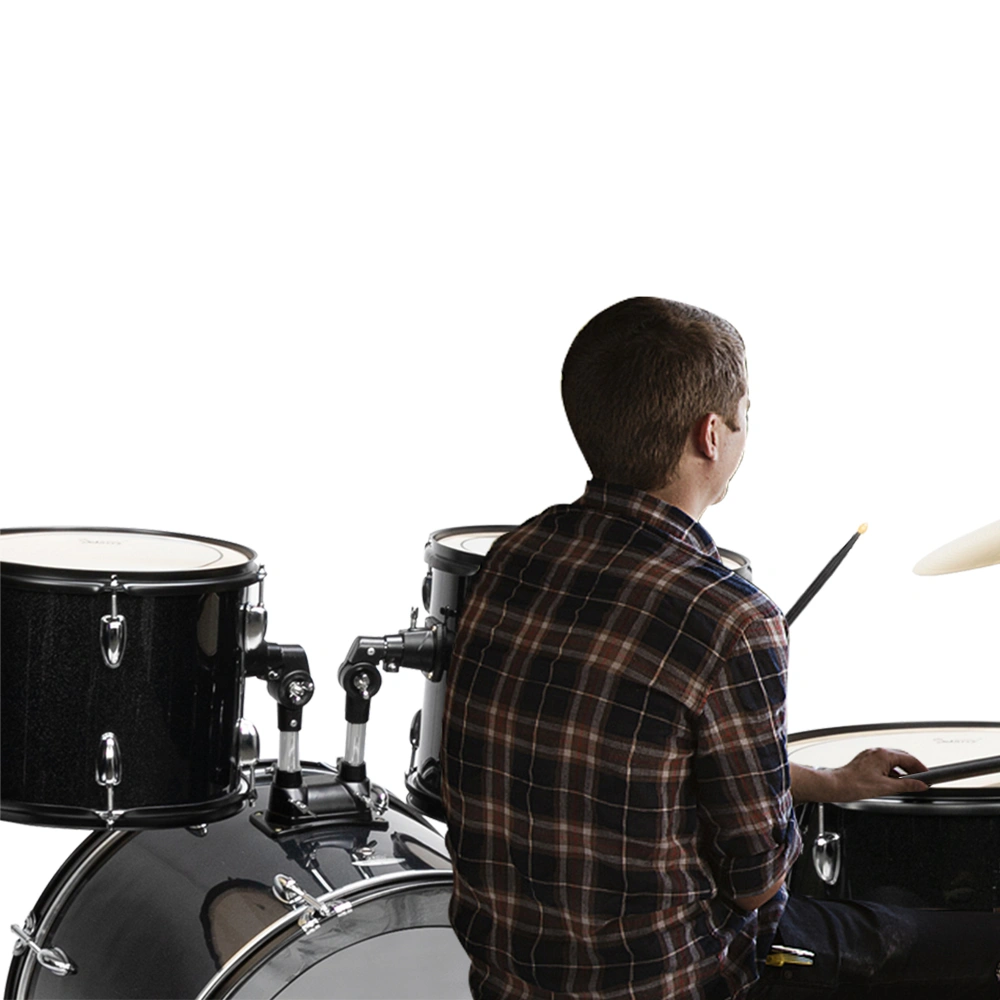 Full Size Adult Drum Set 5-Piece Black with Bass Drum, two Tom Drum, Snare Drum, Floor Tom, 16" Ride Cymbal, 14" Hi-hat Cymbals, Stool, Drum Pedal, Sticks view 36