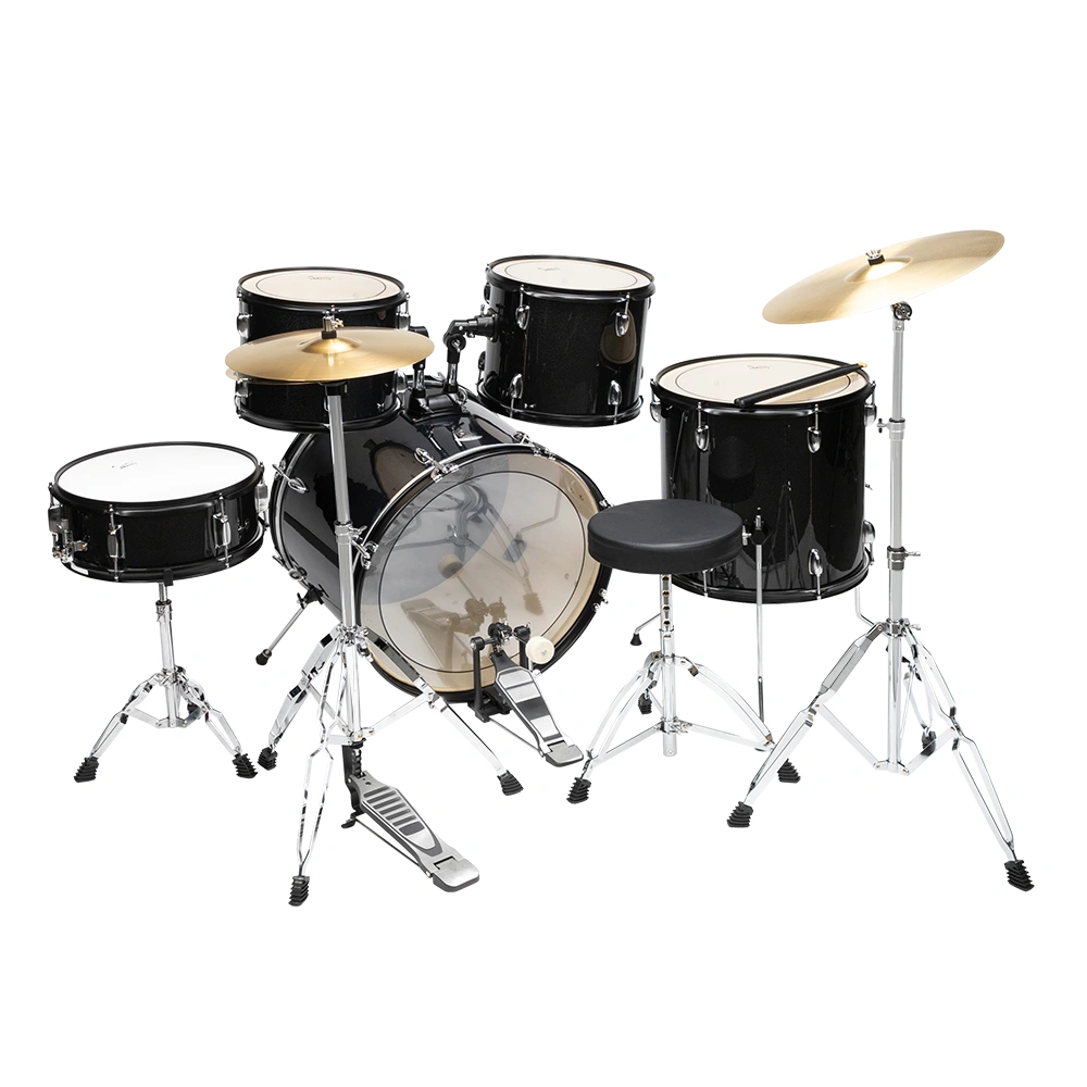 Full Size Adult Drum Set 5-Piece Black with Bass Drum, two Tom Drum, Snare Drum, Floor Tom, 16" Ride Cymbal, 14" Hi-hat Cymbals, Stool, Drum Pedal, Sticks view 8