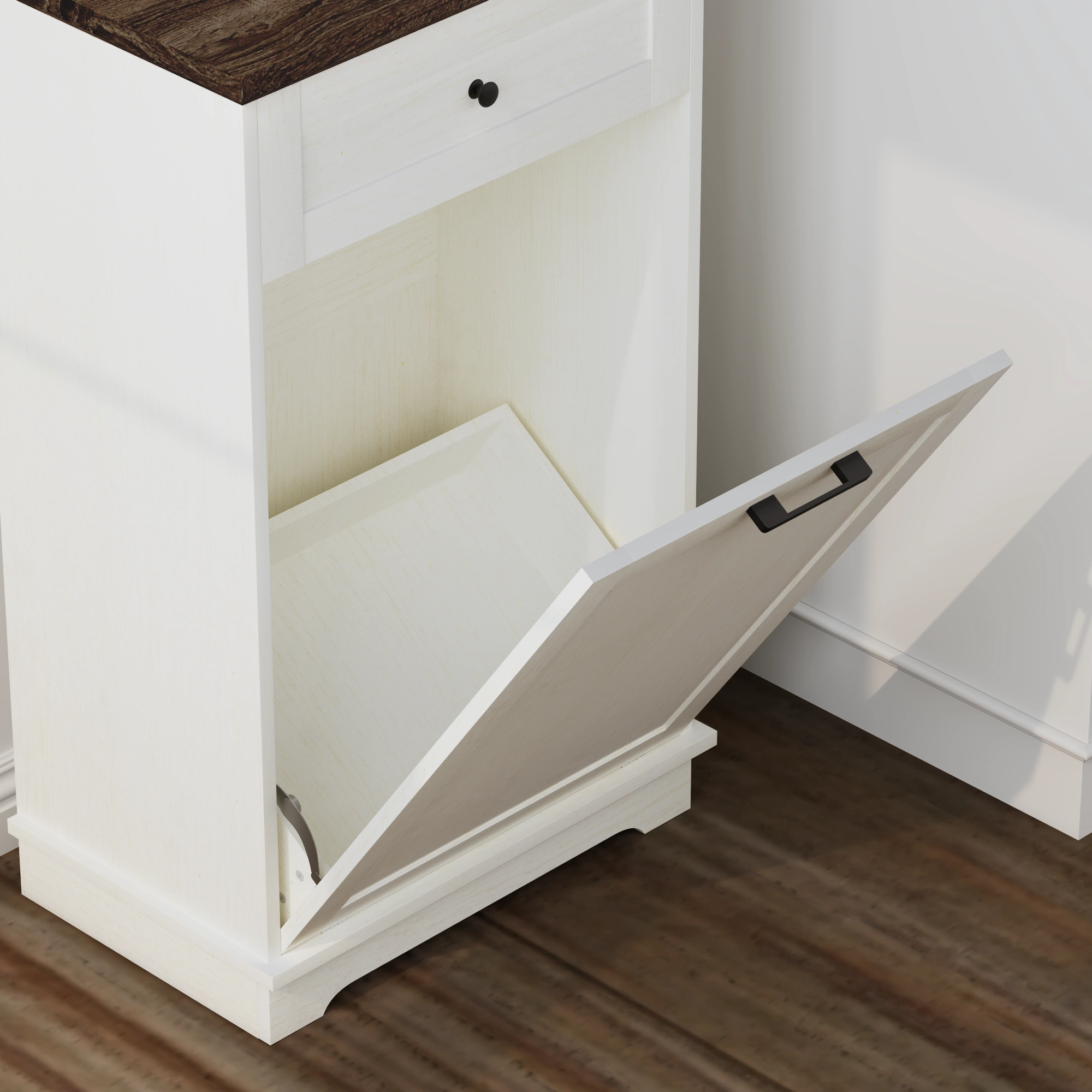 10 Gallon Tilt Out Trash Cabinet Freestanding Trash Bin Cabinet Wood Garbage Recycling Cabinet with Hideaway Drawer Pet Proof Trash Can Holder for Kitchen Living Room, Antique White (not include can) view 10