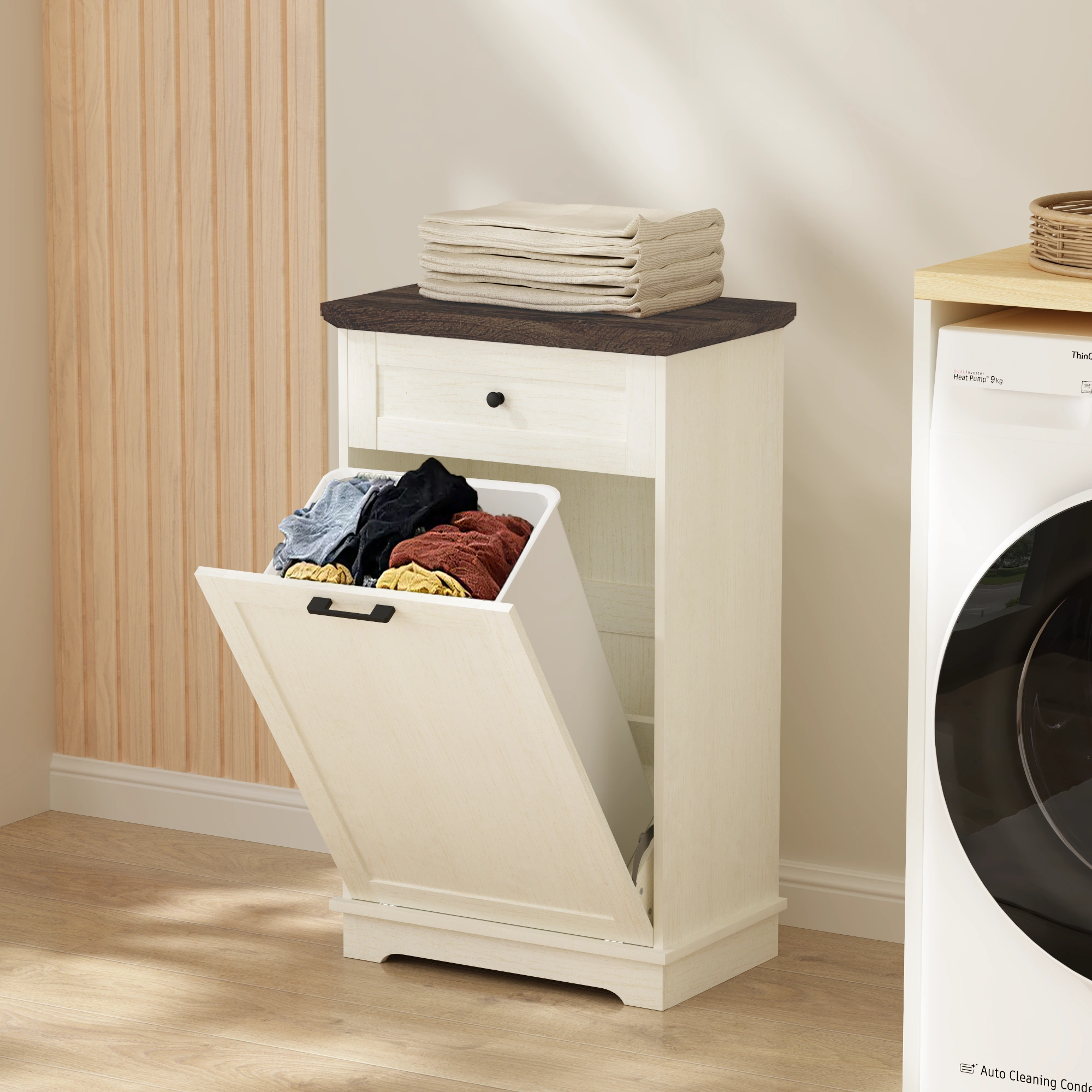 10 Gallon Tilt Out Trash Cabinet Freestanding Trash Bin Cabinet Wood Garbage Recycling Cabinet with Hideaway Drawer Pet Proof Trash Can Holder for Kitchen Living Room, Antique White (not include can) view 11