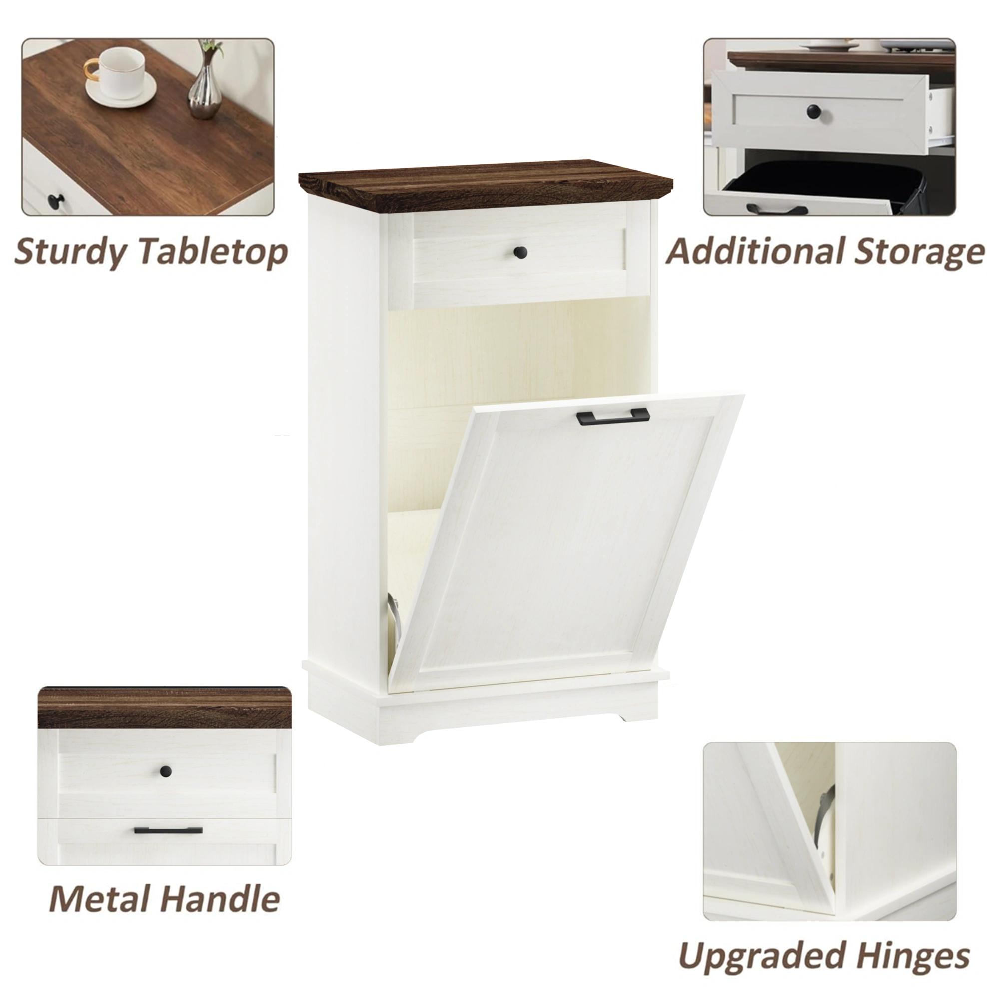 10 Gallon Tilt Out Trash Cabinet Freestanding Trash Bin Cabinet Wood Garbage Recycling Cabinet with Hideaway Drawer Pet Proof Trash Can Holder for Kitchen Living Room, Antique White (not include can) view 13