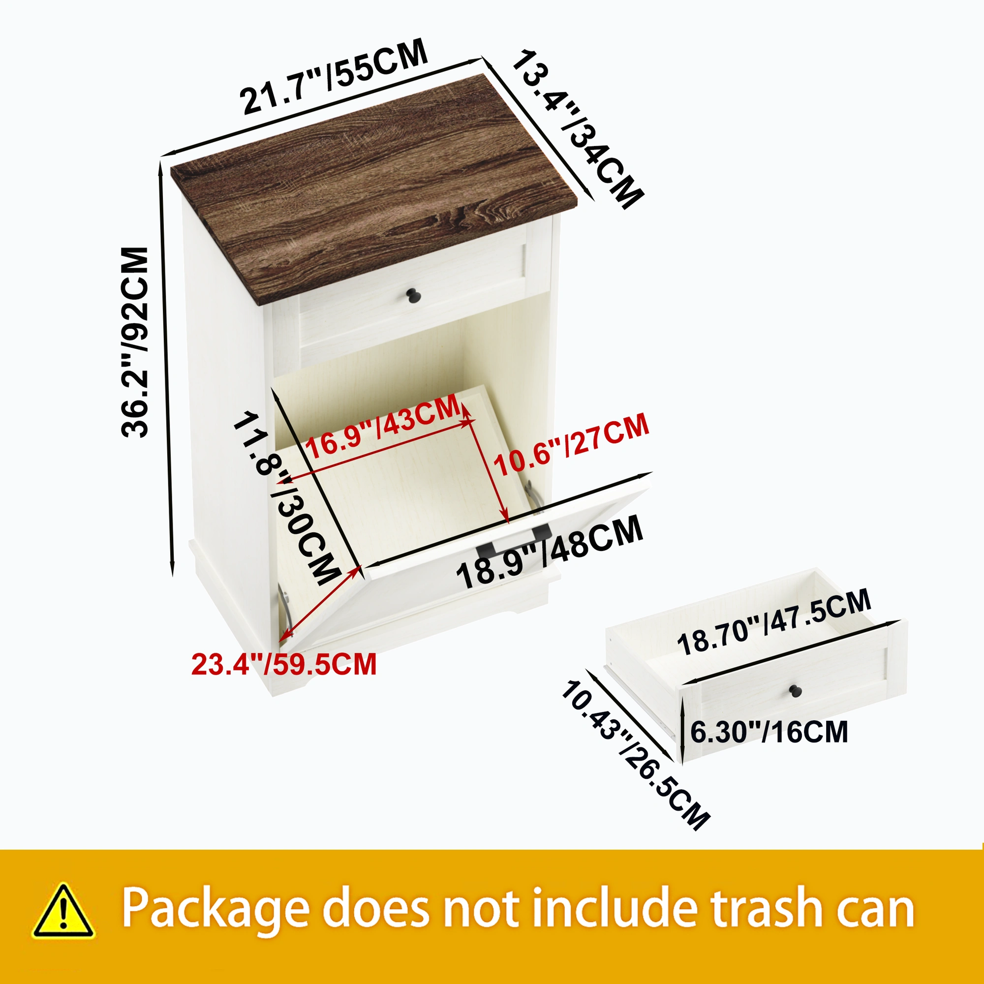 10 Gallon Tilt Out Trash Cabinet Freestanding Trash Bin Cabinet Wood Garbage Recycling Cabinet with Hideaway Drawer Pet Proof Trash Can Holder for Kitchen Living Room, Antique White (not include can) view 14