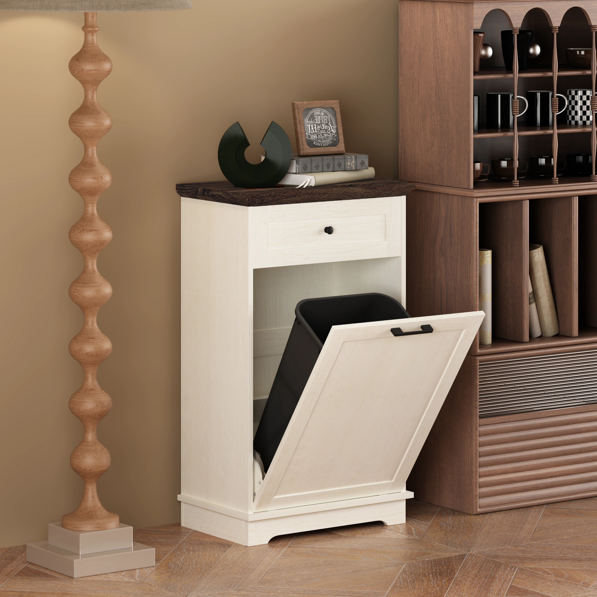 10 Gallon Tilt Out Trash Cabinet Freestanding Trash Bin Cabinet Wood Garbage Recycling Cabinet with Hideaway Drawer Pet Proof Trash Can Holder for Kitchen Living Room, Antique White (not include can) view 15