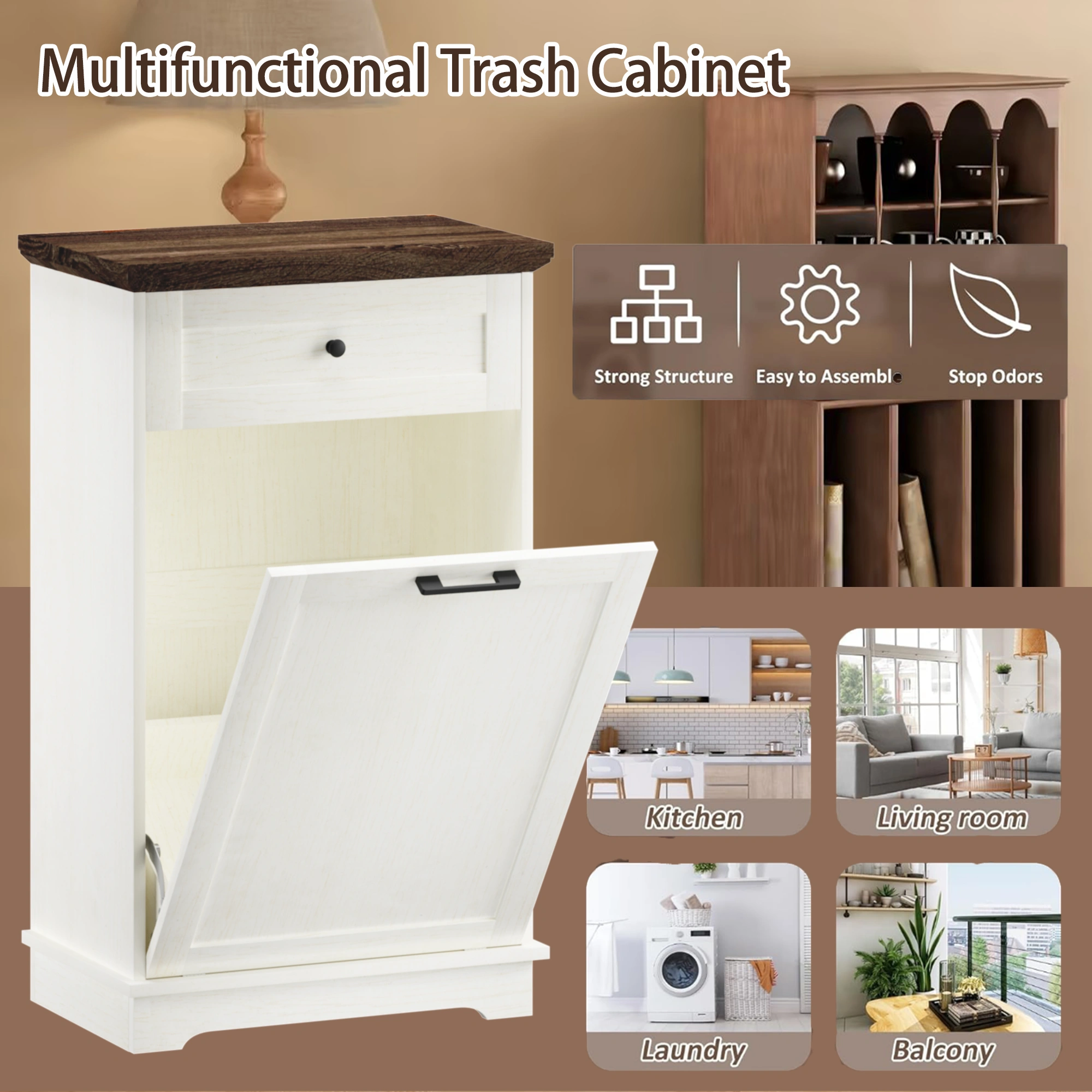 10 Gallon Tilt Out Trash Cabinet Freestanding Trash Bin Cabinet Wood Garbage Recycling Cabinet with Hideaway Drawer Pet Proof Trash Can Holder for Kitchen Living Room, Antique White (not include can) view 16
