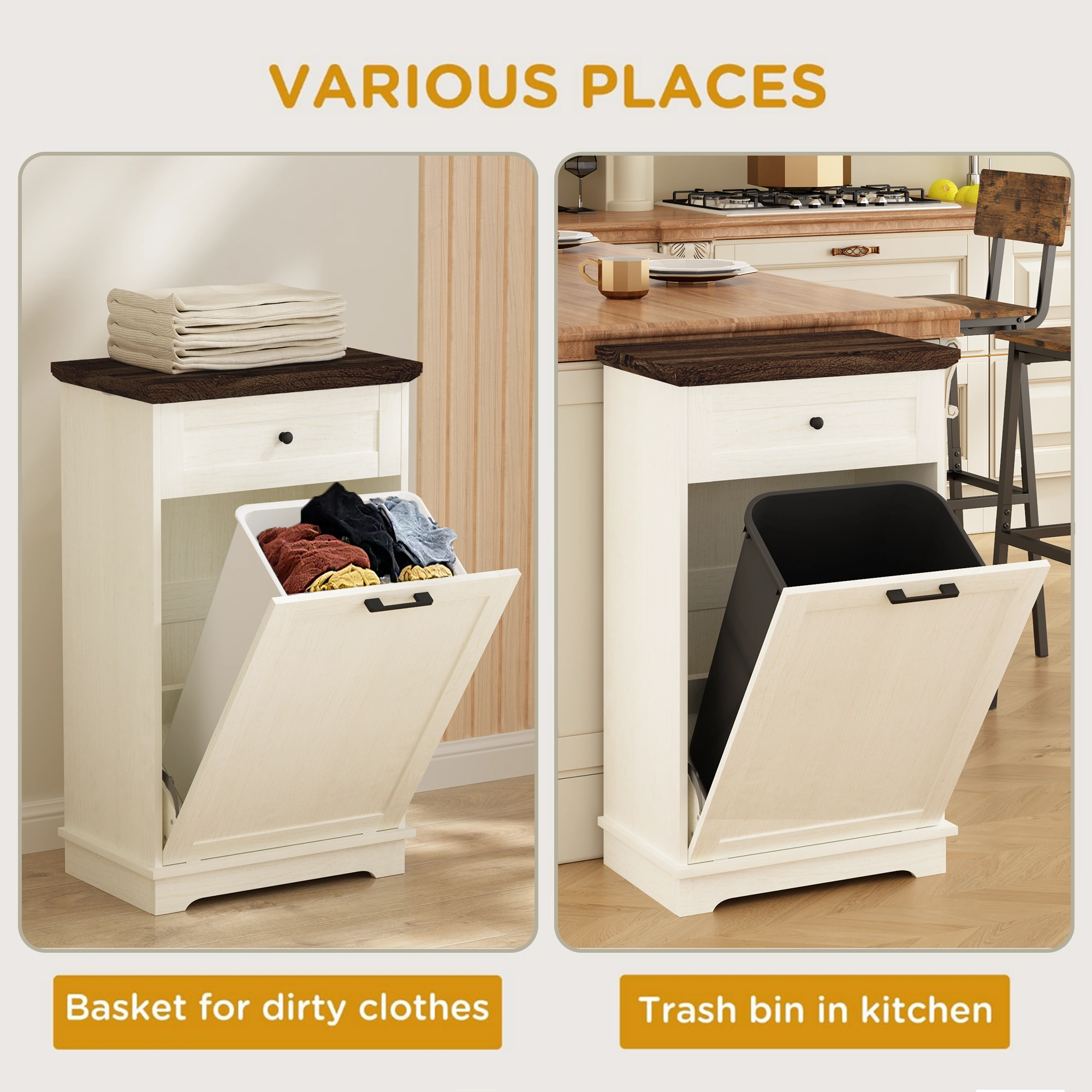 10 Gallon Tilt Out Trash Cabinet Freestanding Trash Bin Cabinet Wood Garbage Recycling Cabinet with Hideaway Drawer Pet Proof Trash Can Holder for Kitchen Living Room, Antique White (not include can) view 18