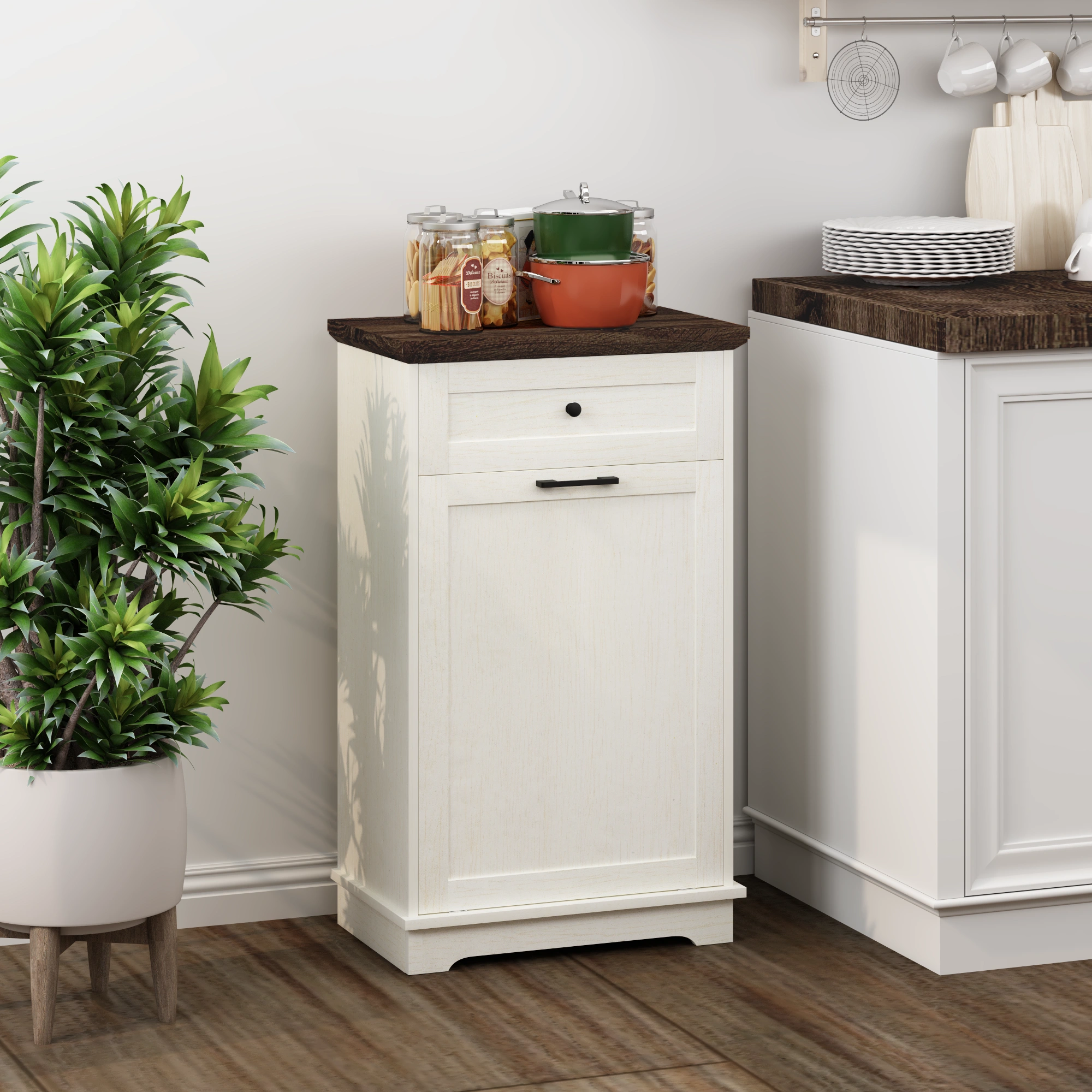 10 Gallon Tilt Out Trash Cabinet Freestanding Trash Bin Cabinet Wood Garbage Recycling Cabinet with Hideaway Drawer Pet Proof Trash Can Holder for Kitchen Living Room, Antique White (not include can) view 20