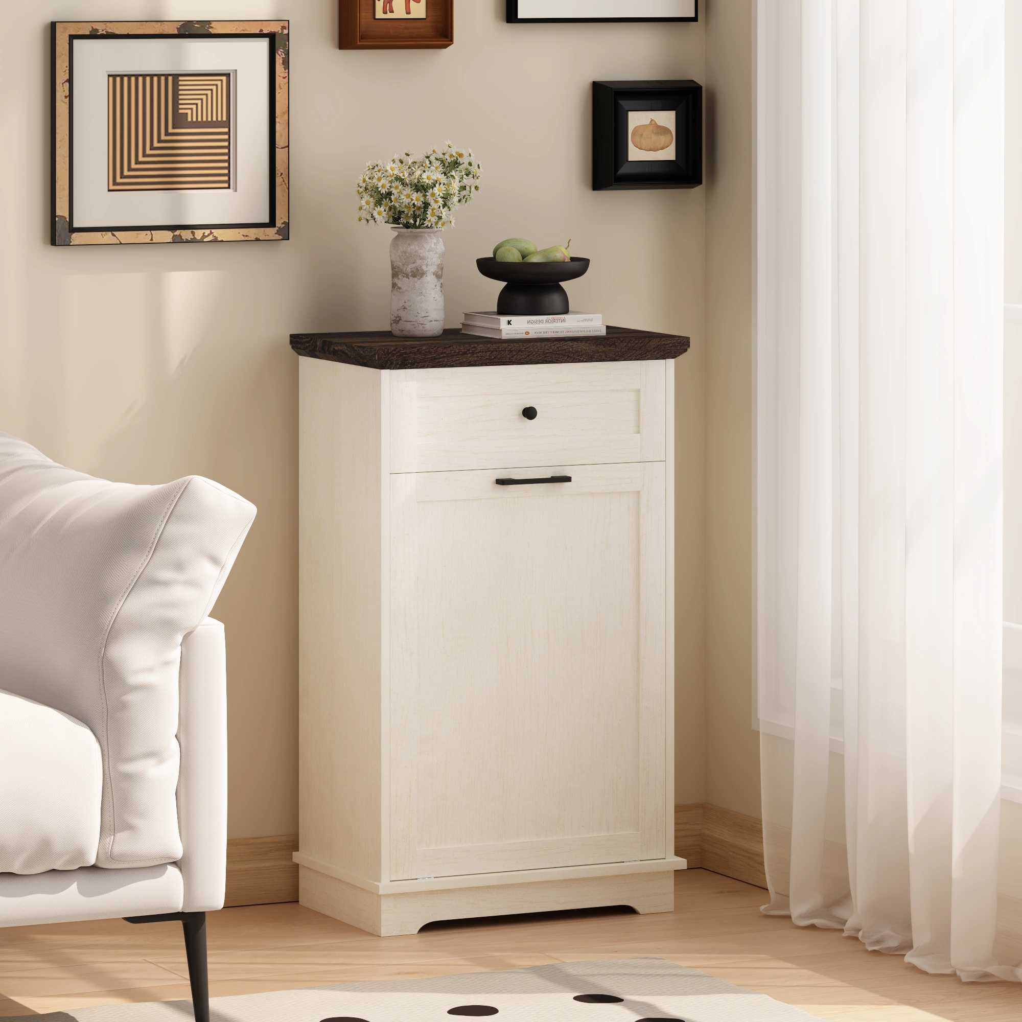 10 Gallon Tilt Out Trash Cabinet Freestanding Trash Bin Cabinet Wood Garbage Recycling Cabinet with Hideaway Drawer Pet Proof Trash Can Holder for Kitchen Living Room, Antique White (not include can) view 21
