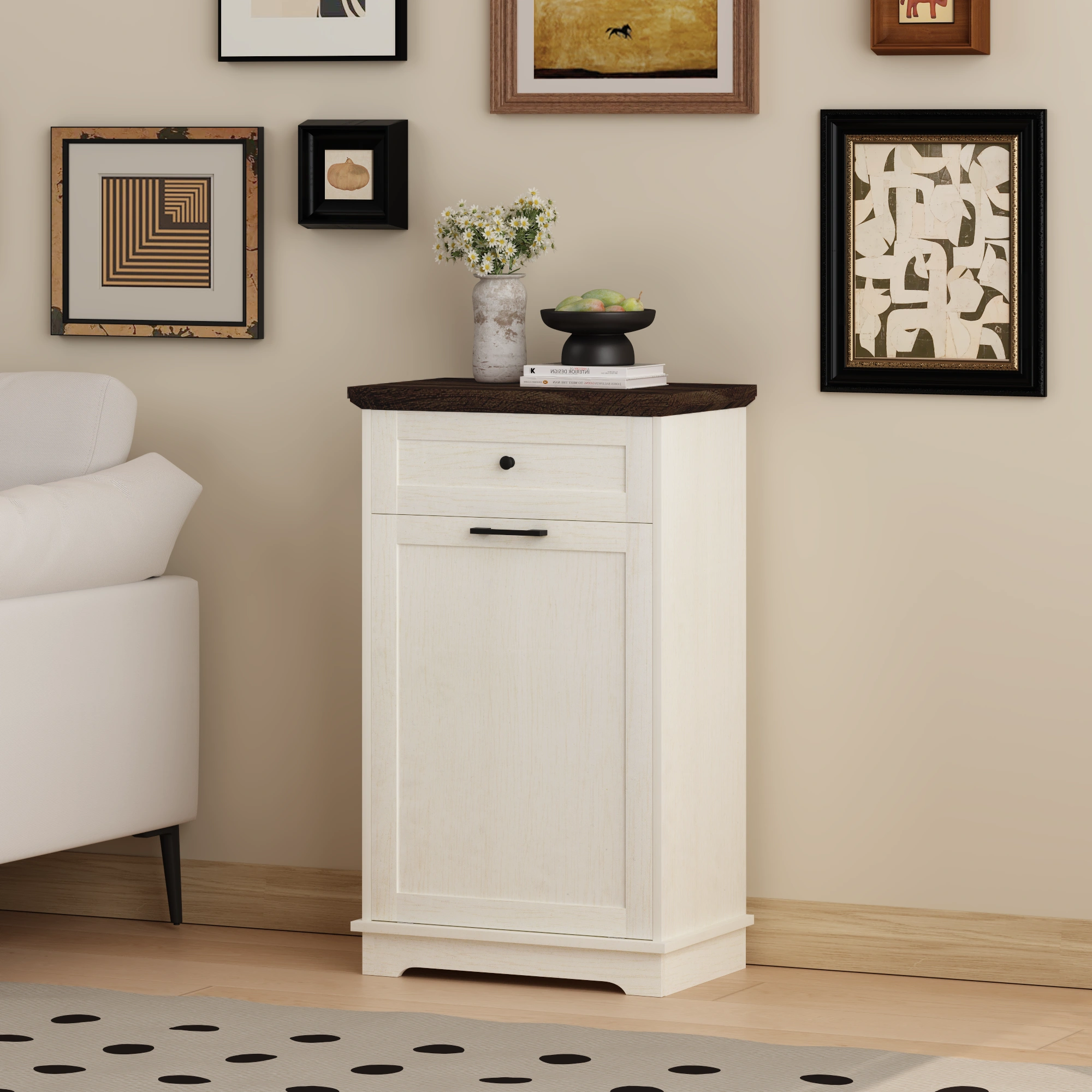 10 Gallon Tilt Out Trash Cabinet Freestanding Trash Bin Cabinet Wood Garbage Recycling Cabinet with Hideaway Drawer Pet Proof Trash Can Holder for Kitchen Living Room, Antique White (not include can) view 22