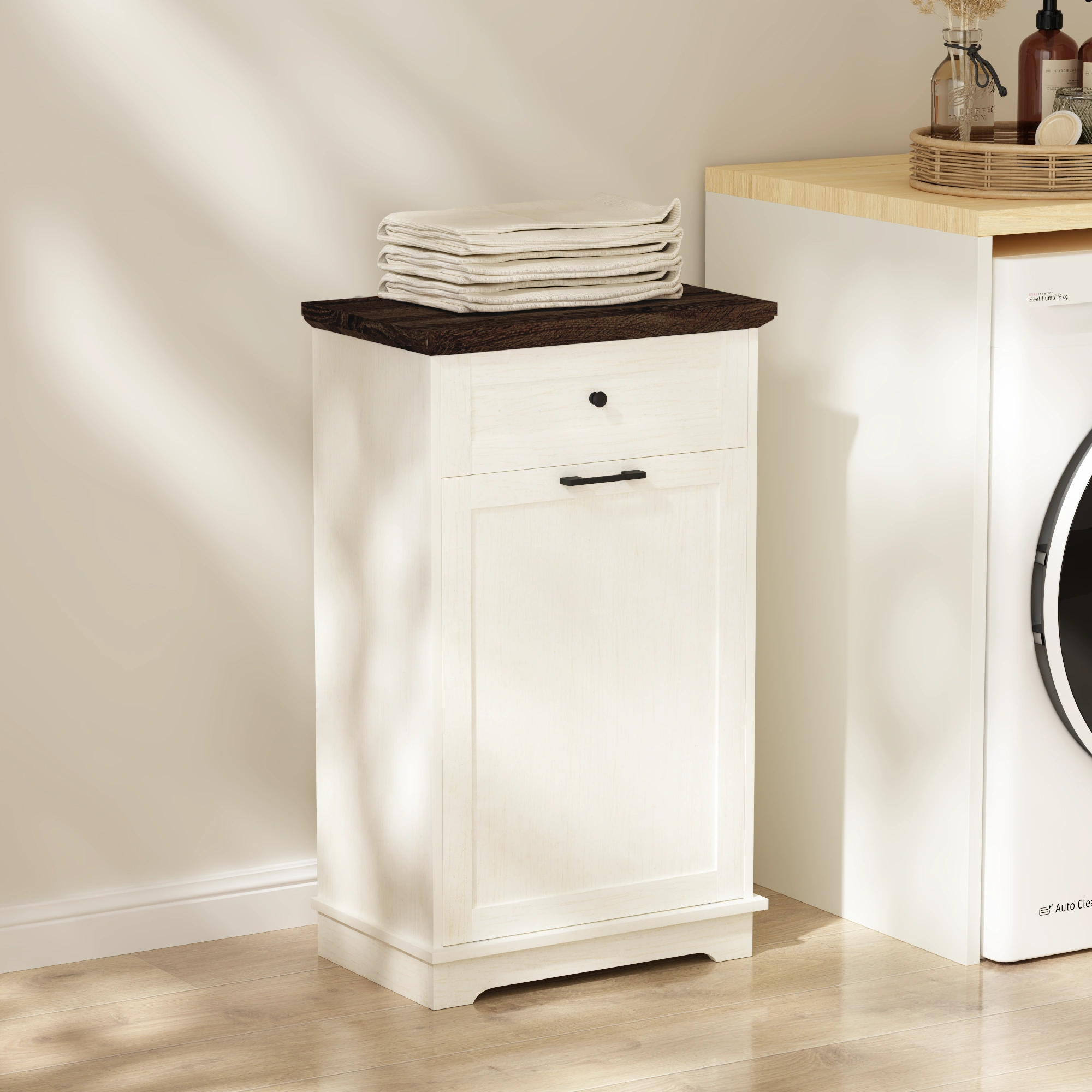 10 Gallon Tilt Out Trash Cabinet Freestanding Trash Bin Cabinet Wood Garbage Recycling Cabinet with Hideaway Drawer Pet Proof Trash Can Holder for Kitchen Living Room, Antique White (not include can) view 24