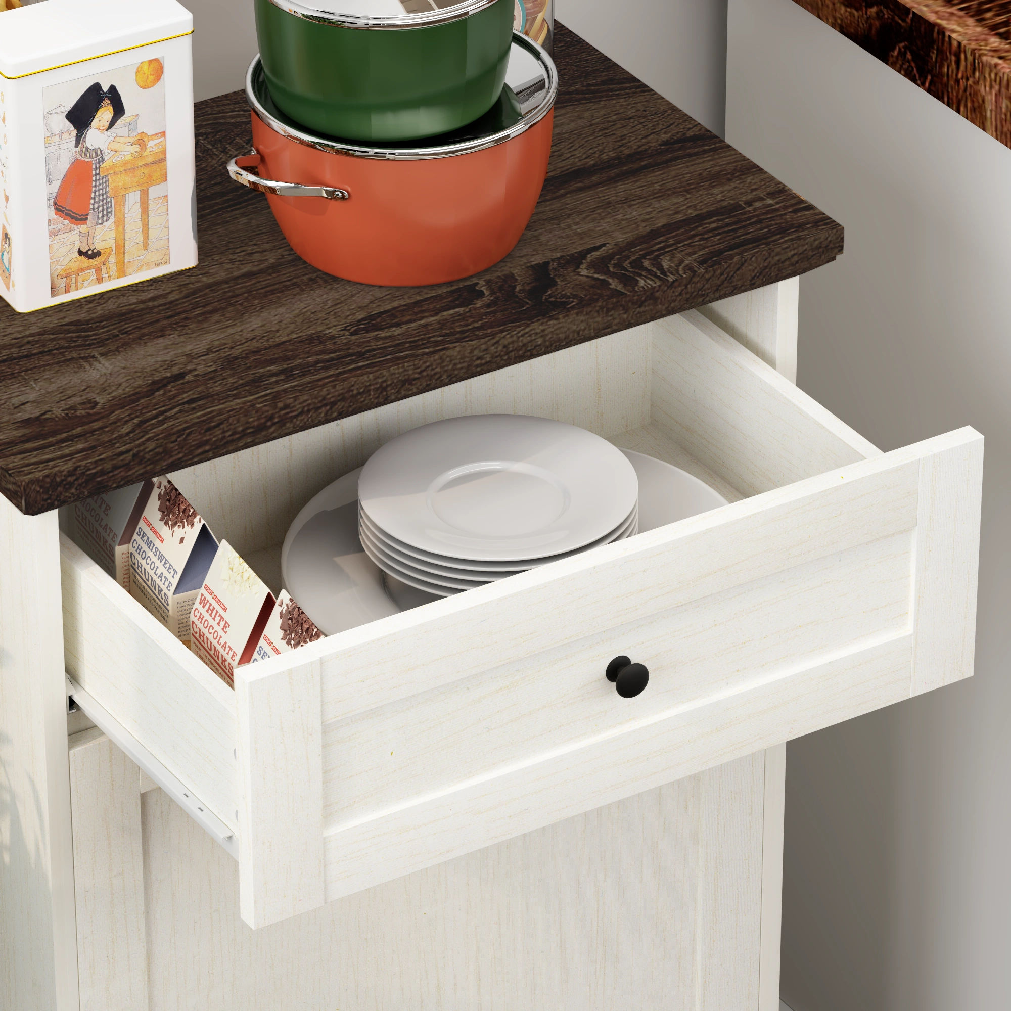 10 Gallon Tilt Out Trash Cabinet Freestanding Trash Bin Cabinet Wood Garbage Recycling Cabinet with Hideaway Drawer Pet Proof Trash Can Holder for Kitchen Living Room, Antique White (not include can) view 27