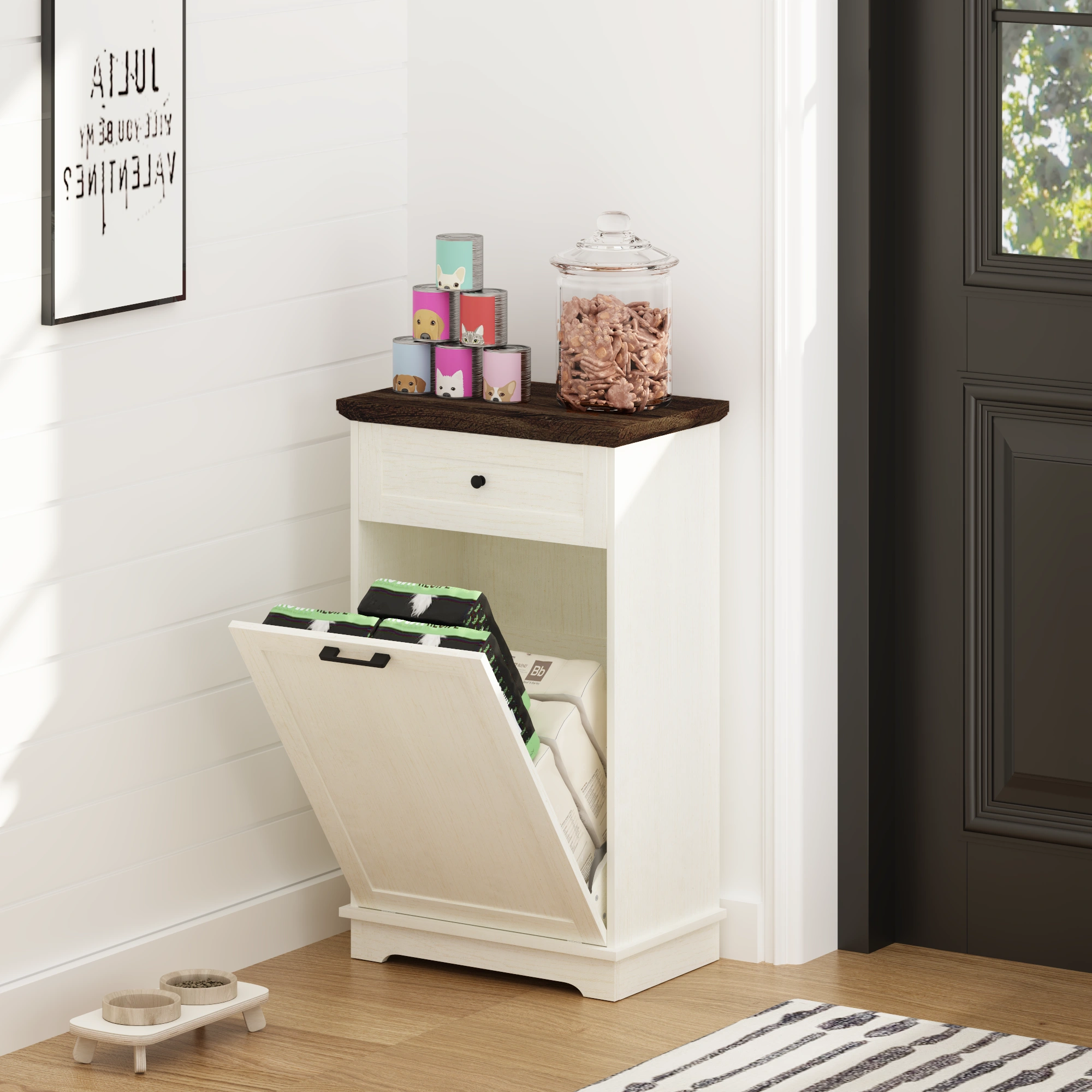 10 Gallon Tilt Out Trash Cabinet Freestanding Trash Bin Cabinet Wood Garbage Recycling Cabinet with Hideaway Drawer Pet Proof Trash Can Holder for Kitchen Living Room, Antique White (not include can) view 9
