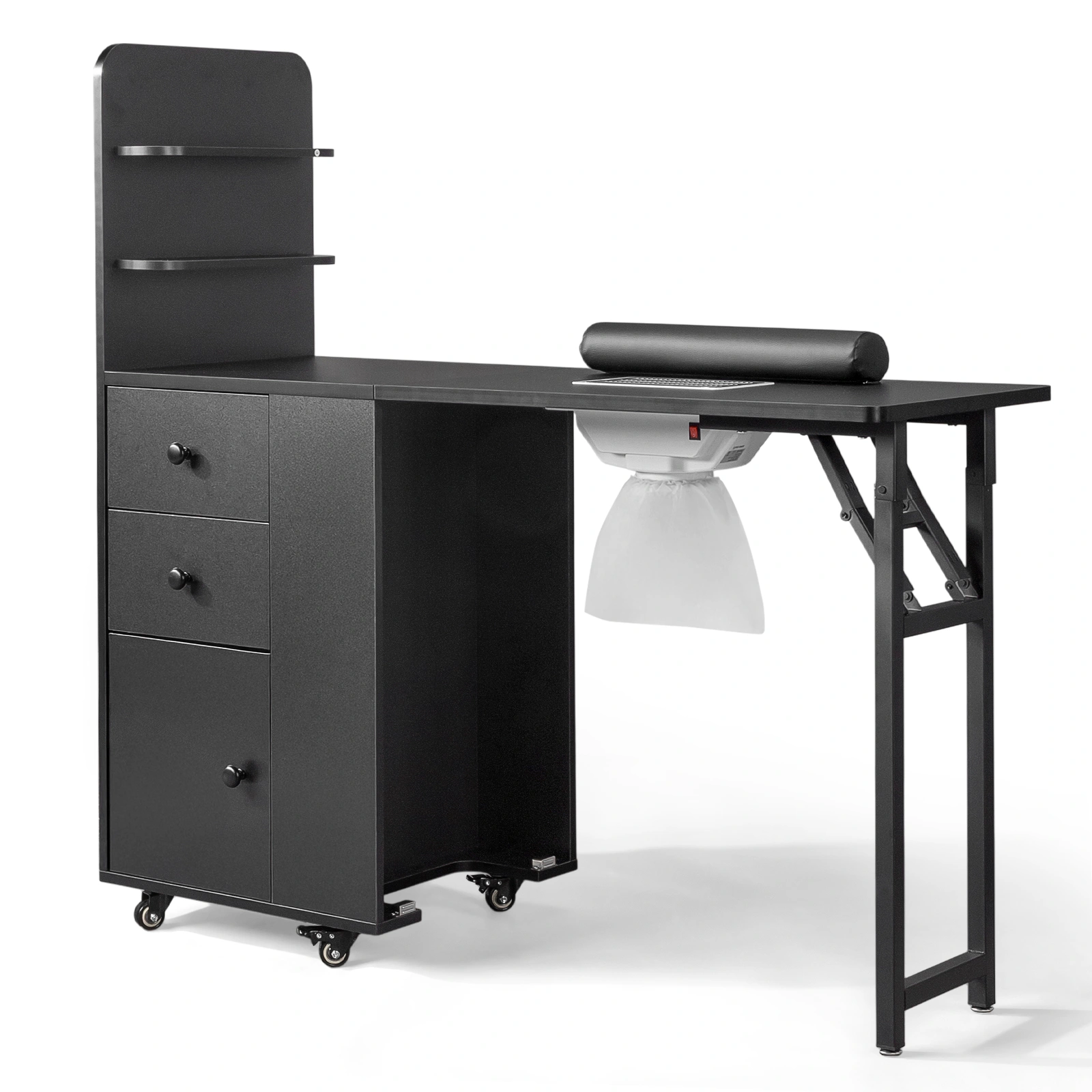 Black MDF Folding Nail Desk with 2 Drawers, Cabinet Door & Storage Shelf view 3