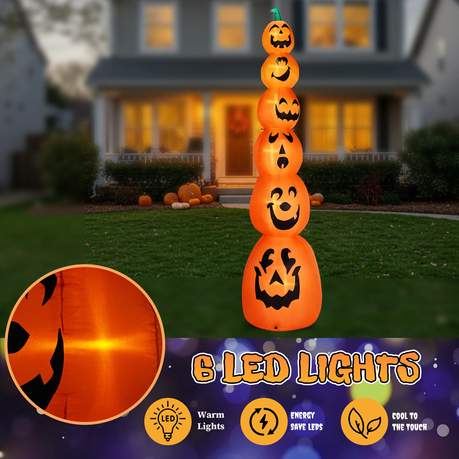 9FT Halloween Inflatable Stacked Pumpkins, Blow up 6 Pumpkins Inflatable with Built-in LED Lights Outdoor Decorations Large Party Yard Decoration view 10