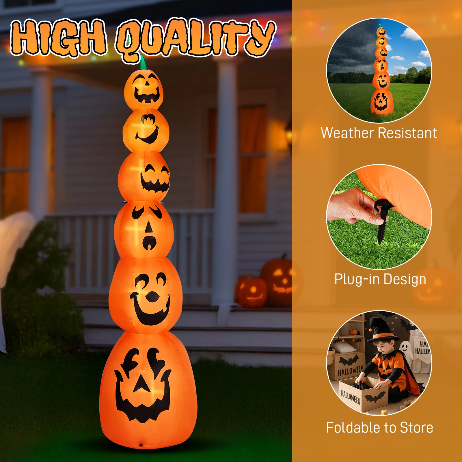 9FT Halloween Inflatable Stacked Pumpkins, Blow up 6 Pumpkins Inflatable with Built-in LED Lights Outdoor Decorations Large Party Yard Decoration view 4