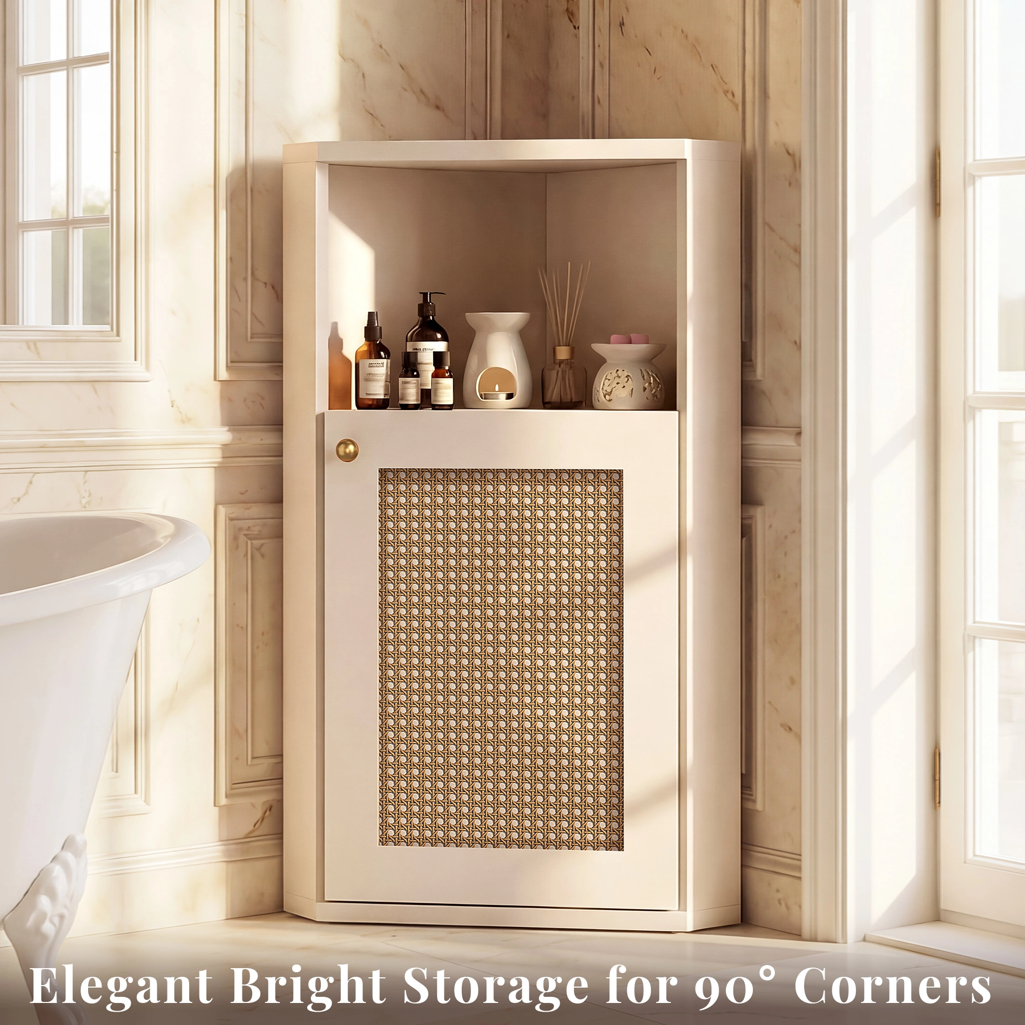 OMCMUU White Rattan Corner Cabinet with Adjustable Shelf, Modern Narrow Freestanding Storage Cupboard for Bathroom, Living Room, Kitchen view 2