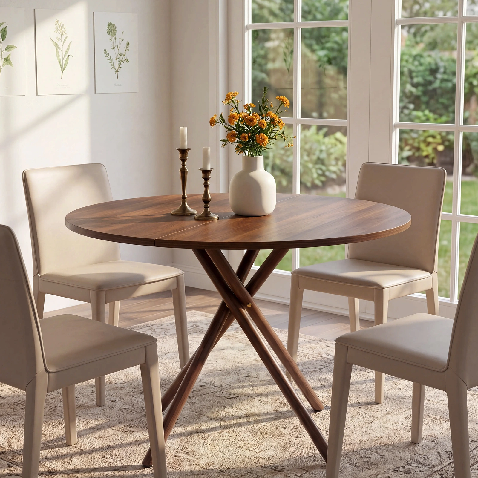 37.4 Inch Round Dining Table for 4-6 People, Cross X Metal Leg Kitchen Dinner Table with Adjustable Foot Pads, Easy Assembly Small Space Dining Room Table, Walnut view 10