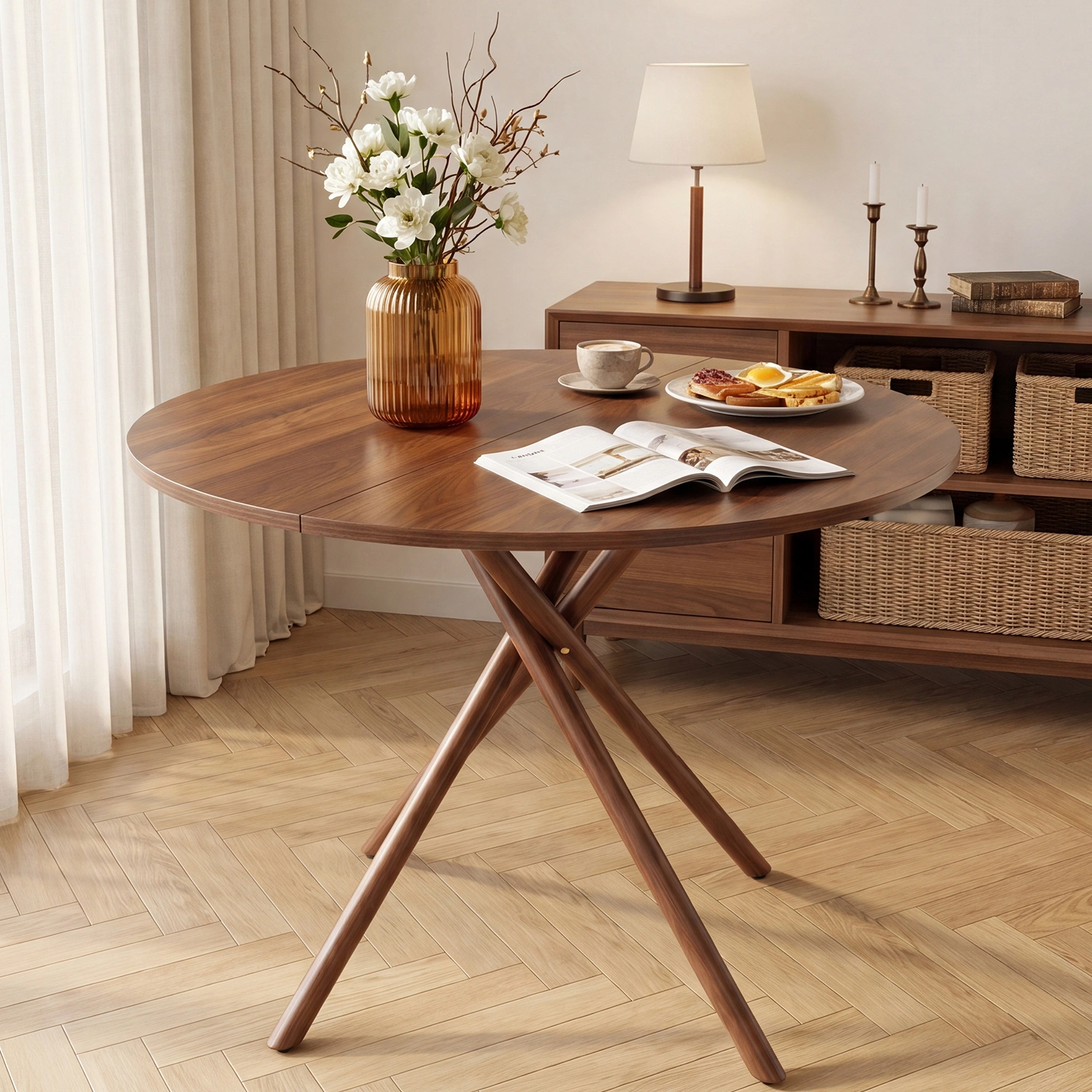 37.4 Inch Round Dining Table for 4-6 People, Cross X Metal Leg Kitchen Dinner Table with Adjustable Foot Pads, Easy Assembly Small Space Dining Room Table, Walnut view 11