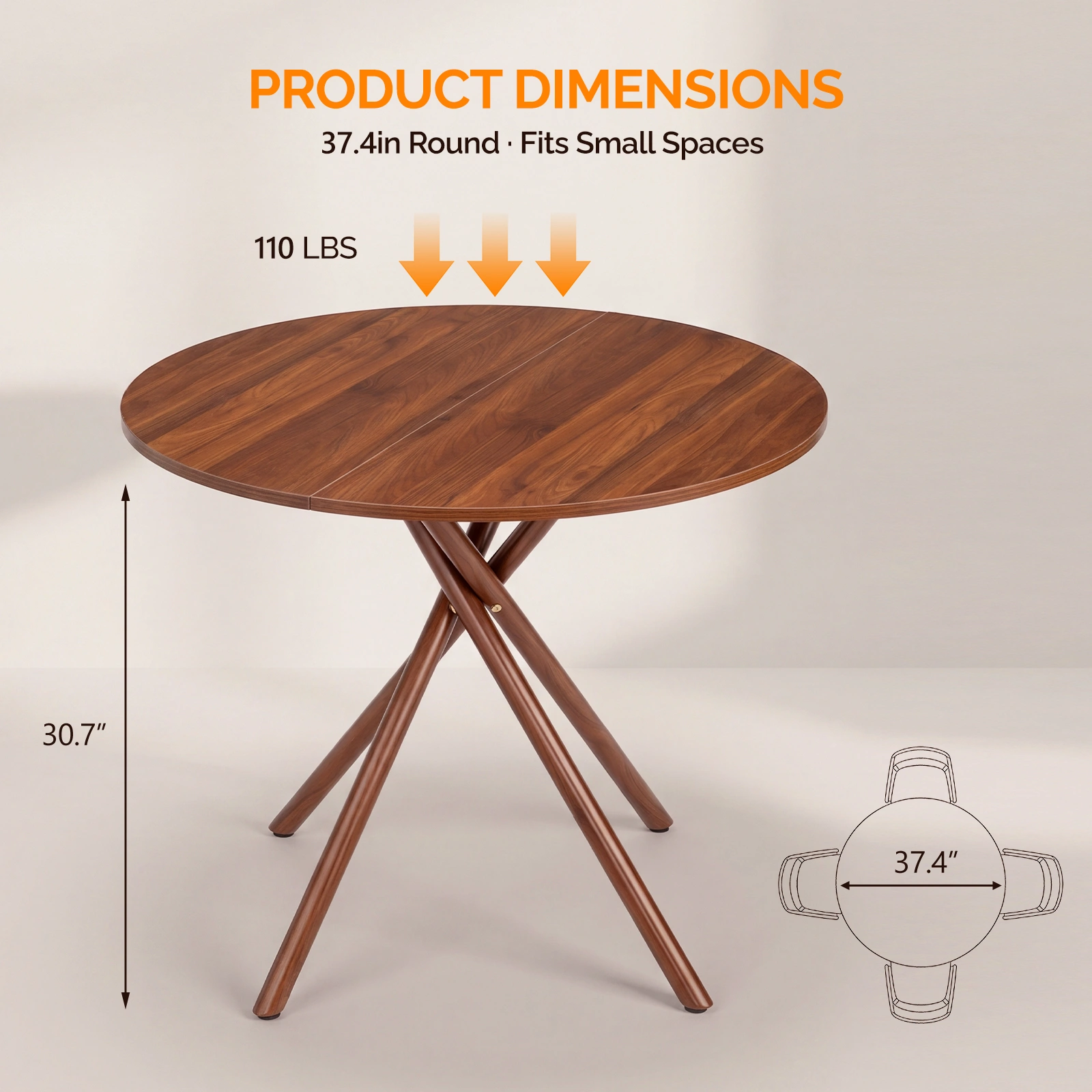 37.4 Inch Round Dining Table for 4-6 People, Cross X Metal Leg Kitchen Dinner Table with Adjustable Foot Pads, Easy Assembly Small Space Dining Room Table, Walnut view 7