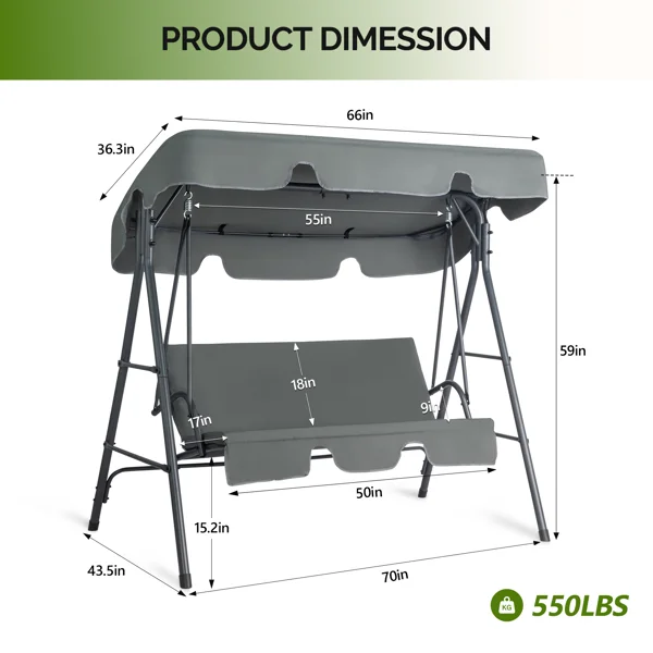 68*43*60 inch Dark Gray KD Style with Cushion Canopy Iron Oxford Fabric 250kg Iron Swing Set view 2