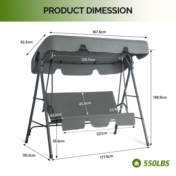 68*43*60 inch Dark Gray KD Style with Cushion Canopy Iron Oxford Fabric 250kg Iron Swing Set view 3