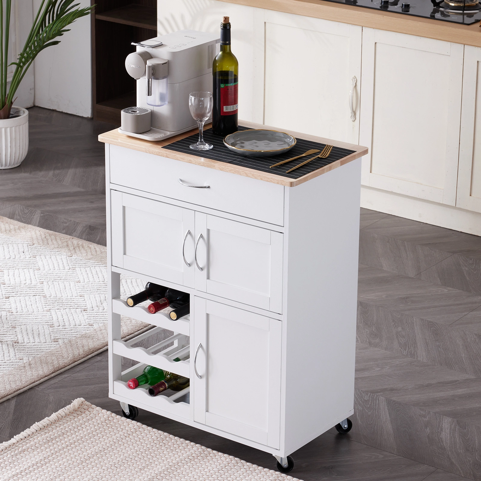Kitchen Island Cart with Solid Wood Top, Mobile Storage Cabinet on Wheels, 3-Tier Wine Rack & Drawer, Portable Rolling Cart