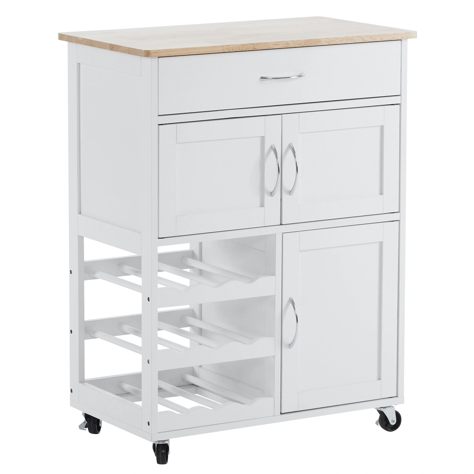 Kitchen Island Cart with Solid Wood Top, Mobile Storage Cabinet on Wheels, 3-Tier Wine Rack & Drawer, Portable Rolling Cart view 4