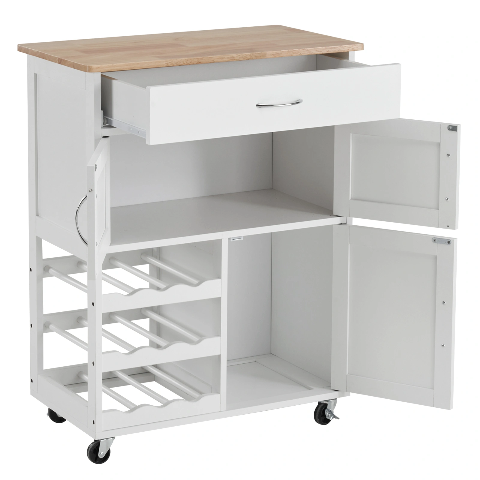 Kitchen Island Cart with Solid Wood Top, Mobile Storage Cabinet on Wheels, 3-Tier Wine Rack & Drawer, Portable Rolling Cart view 5