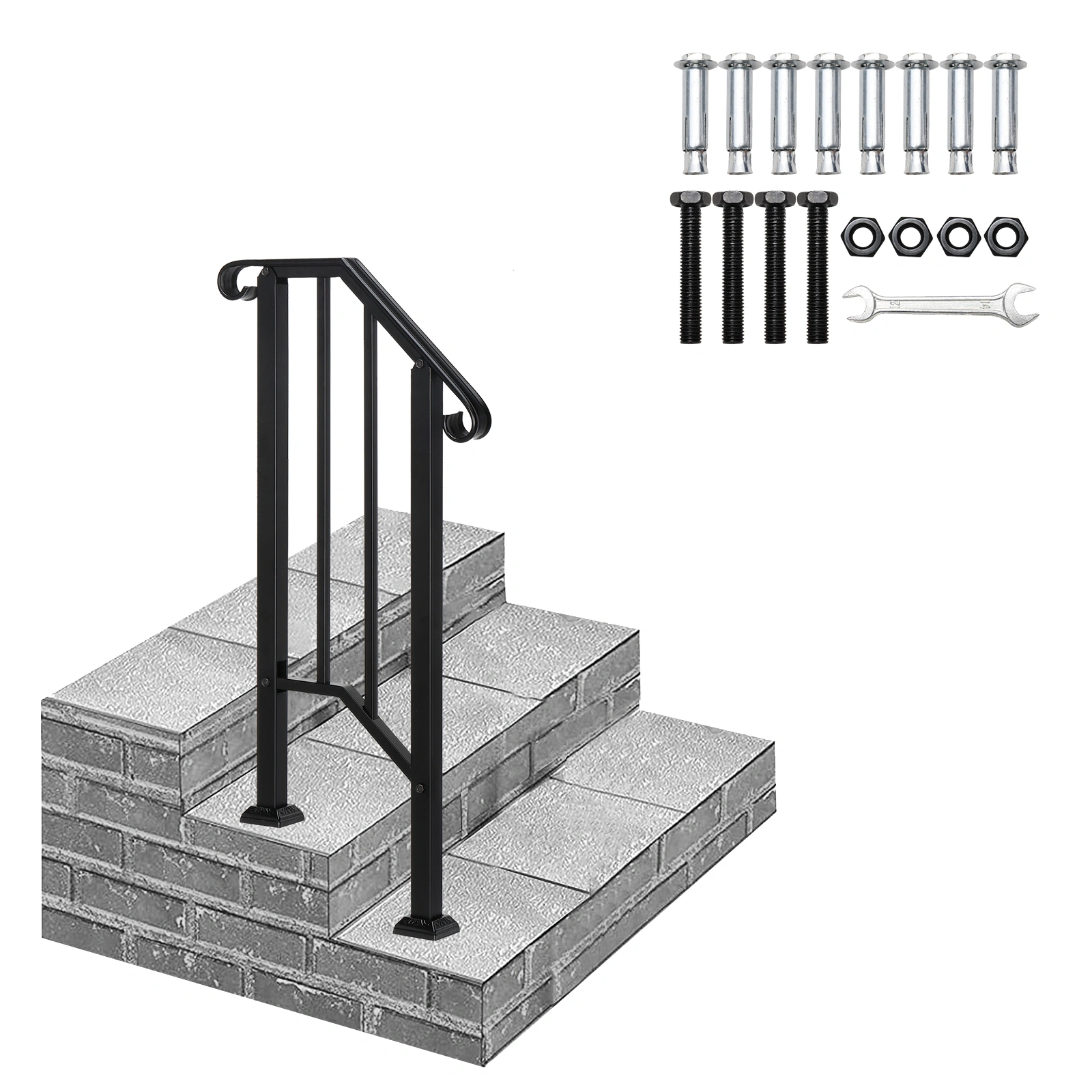 Artisasset Matte Black Wrought Iron Handrail, 1-Tier Outdoor Stair Railing for 1-Step Entryway