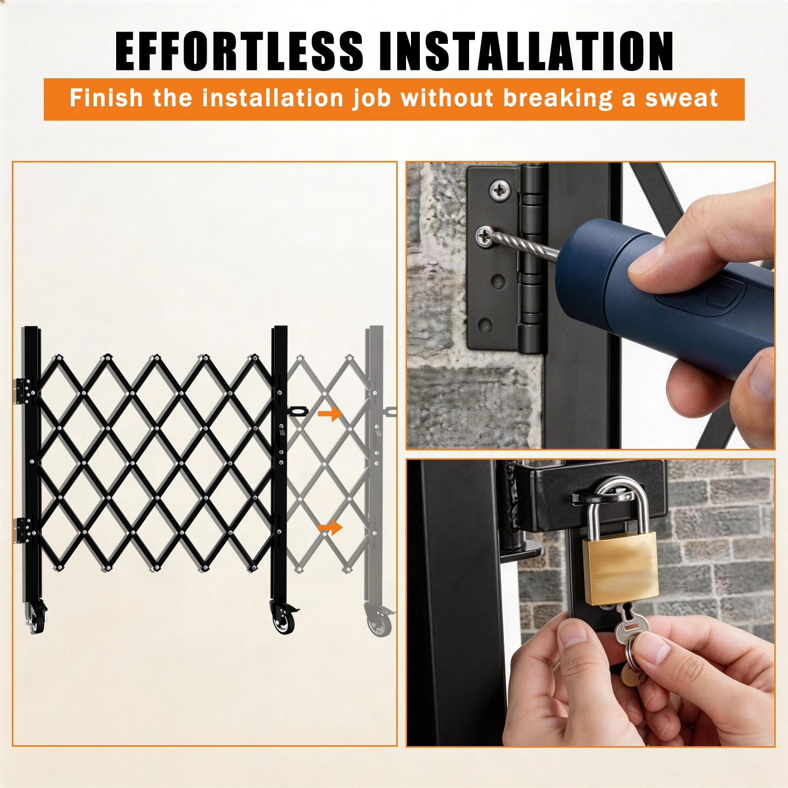 Foldable Security Gate, Expandable Safety Barrier, 360° Swivel Casters Lockable Design, Portable Rolling Barricade for Garage Warehouse Driveway Pool, 51.57"H x 74"W view 4