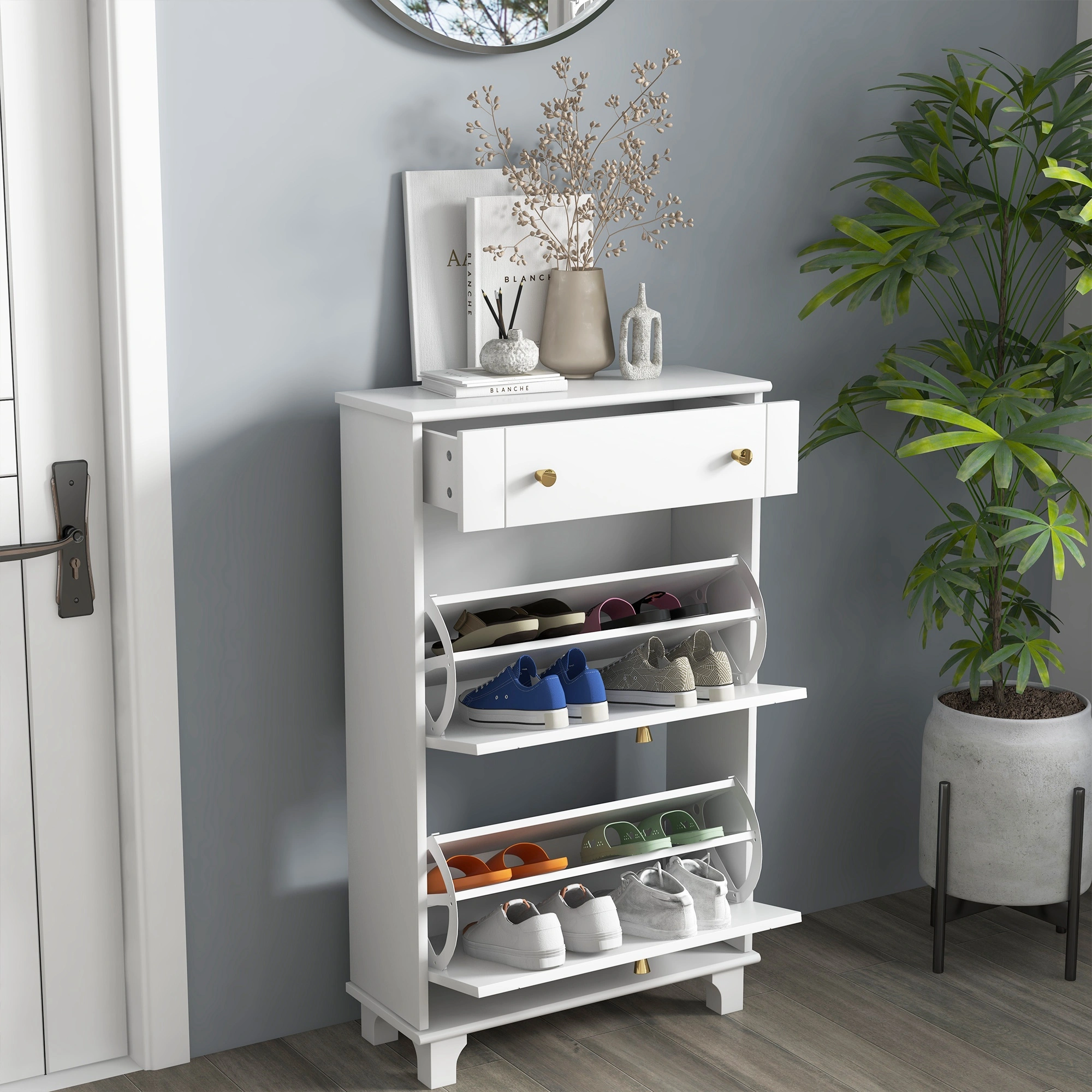 Shoe Storage Cabinet, 4-Tier Shoe Rack Organizer with Doors, Slim Entryway Shoe Cabinet for Hallway, Living Room, Closet, Easy Assembly