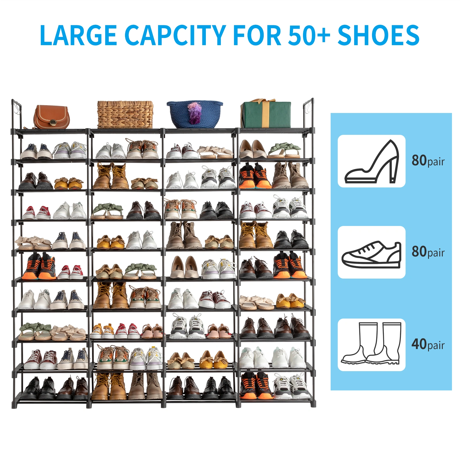 10 Tiers Shoe Rack Storage Organizer Shoe Shelf Organizer for Entryway Holds 80 Pairs Shoe, Stackable Shoe Cabinet Shoe Rack view 8
