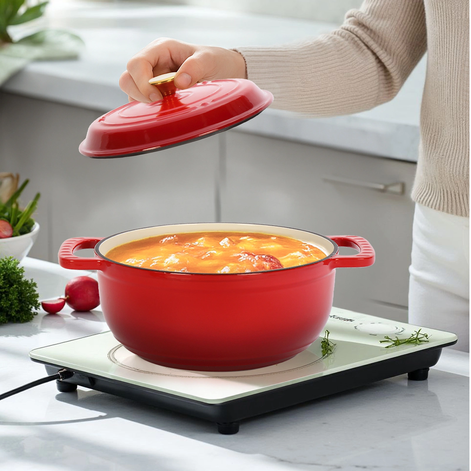Cast iron 5QT cooking pot - Gradient red - Includes two silicone gloves - Enamel pot view 10
