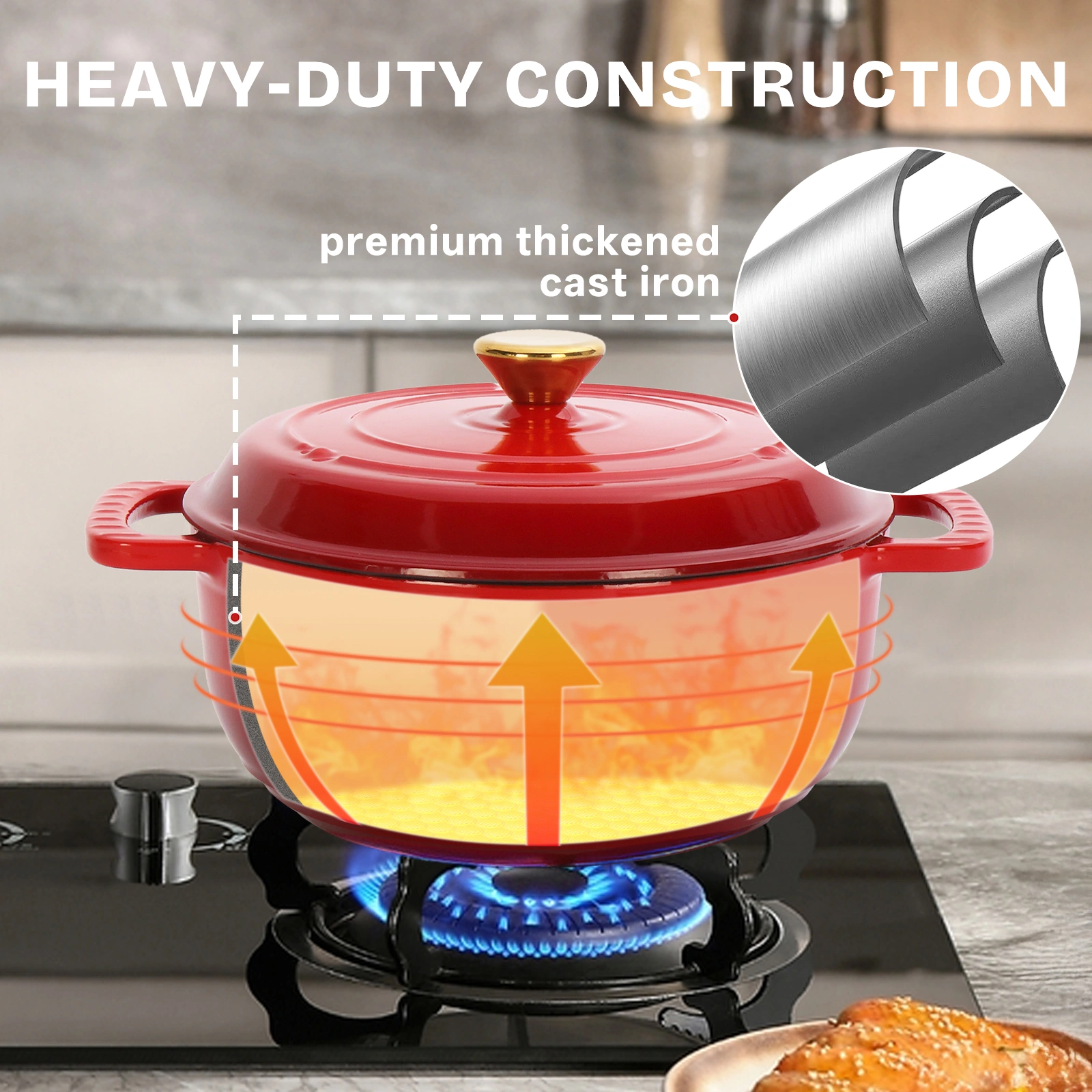 Cast iron 5QT cooking pot - Gradient red - Includes two silicone gloves - Enamel pot view 9