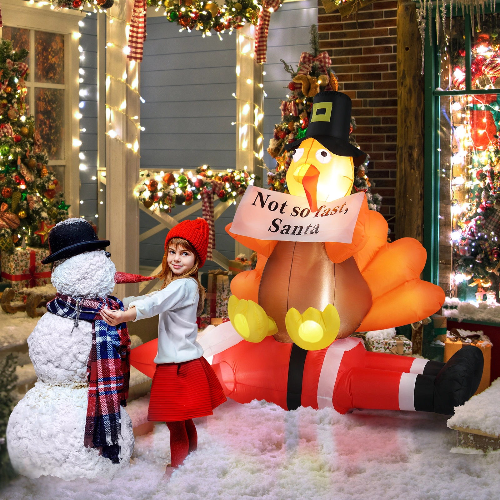 4.9 FT Lighted Christmas Inflatable Decoration, Inflatable Turkey Sitting on Santa Claus, Funny Blow Up Yard Decorations with Built-in LED Lights for Holiday Party Front Yard Lawn Garden Decor view 11