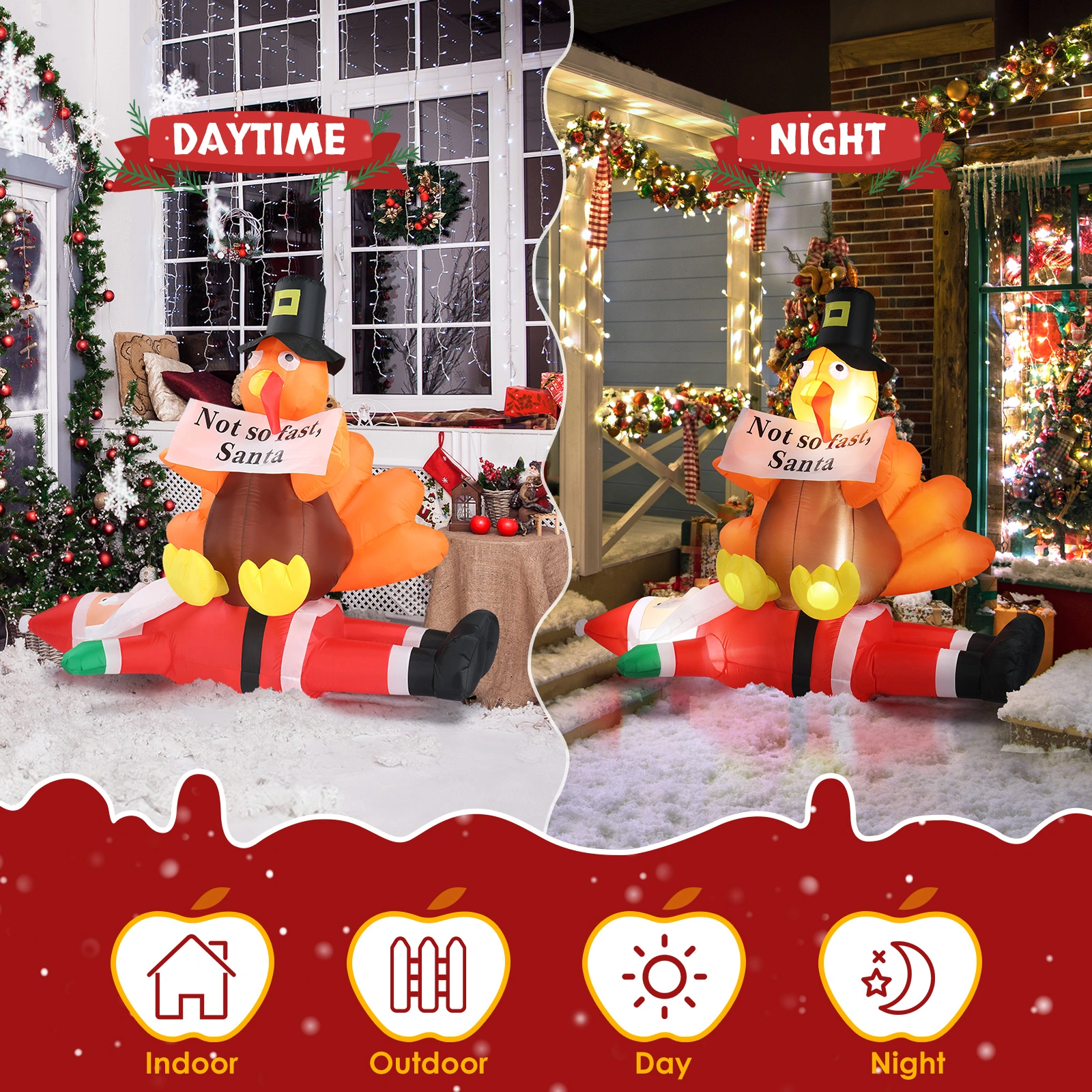 4.9 FT Lighted Christmas Inflatable Decoration, Inflatable Turkey Sitting on Santa Claus, Funny Blow Up Yard Decorations with Built-in LED Lights for Holiday Party Front Yard Lawn Garden Decor view 12