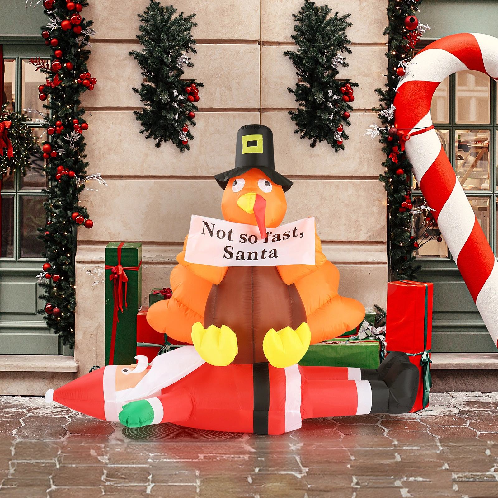 4.9 FT Lighted Christmas Inflatable Decoration, Inflatable Turkey Sitting on Santa Claus, Funny Blow Up Yard Decorations with Built-in LED Lights for Holiday Party Front Yard Lawn Garden Decor view 14
