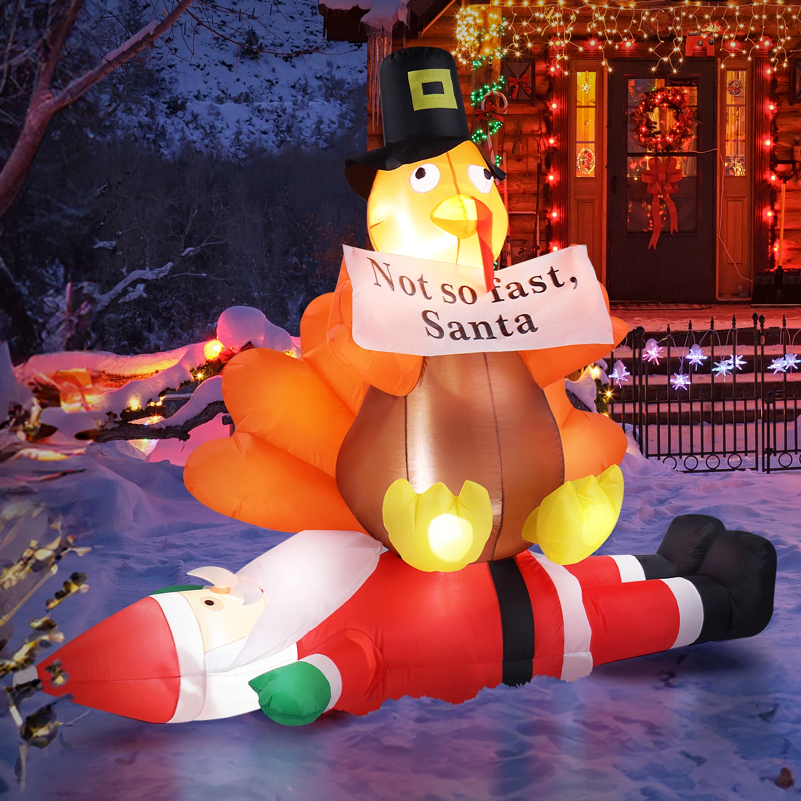 4.9 FT Lighted Christmas Inflatable Decoration, Inflatable Turkey Sitting on Santa Claus, Funny Blow Up Yard Decorations with Built-in LED Lights for Holiday Party Front Yard Lawn Garden Decor view 15