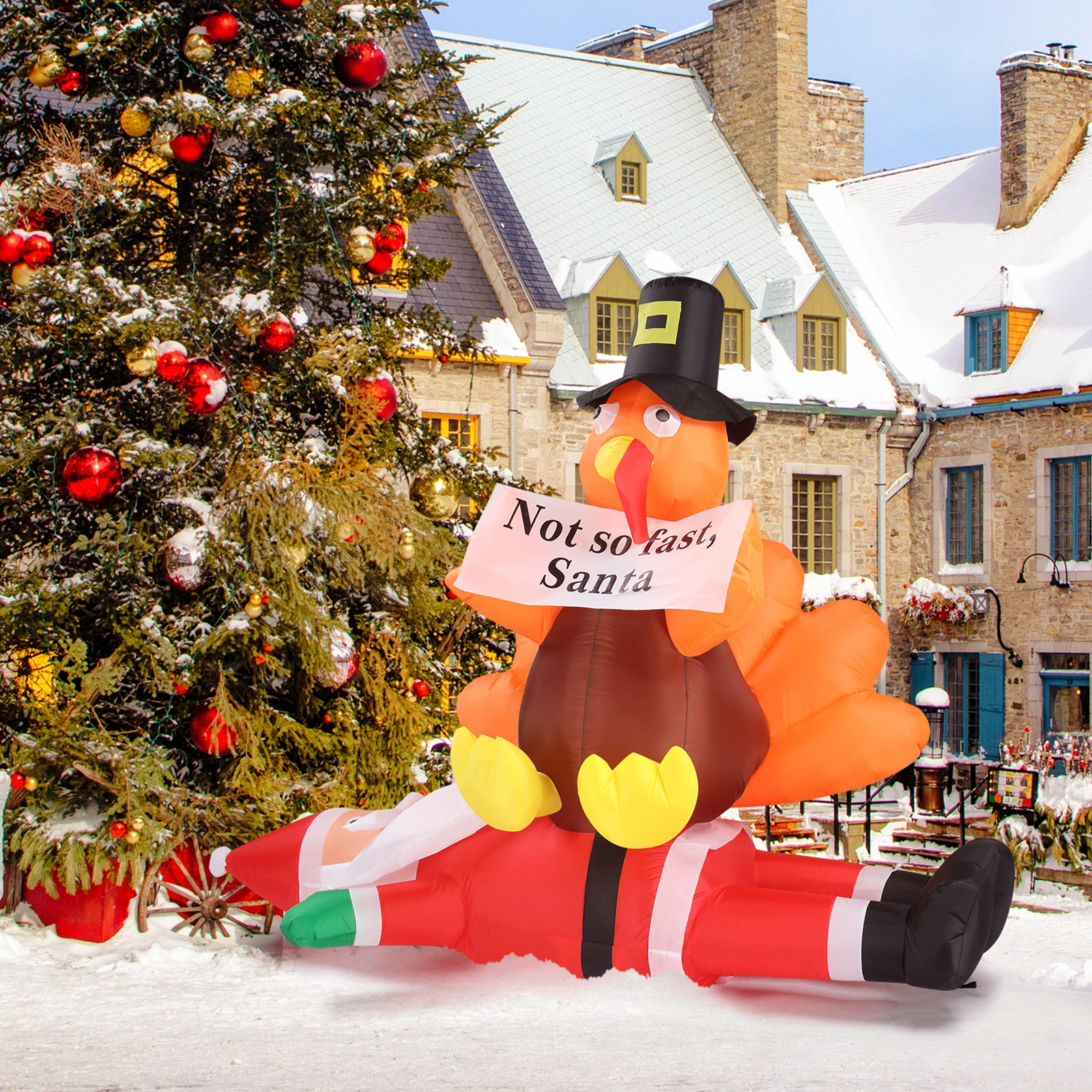 4.9 FT Lighted Christmas Inflatable Decoration, Inflatable Turkey Sitting on Santa Claus, Funny Blow Up Yard Decorations with Built-in LED Lights for Holiday Party Front Yard Lawn Garden Decor view 16