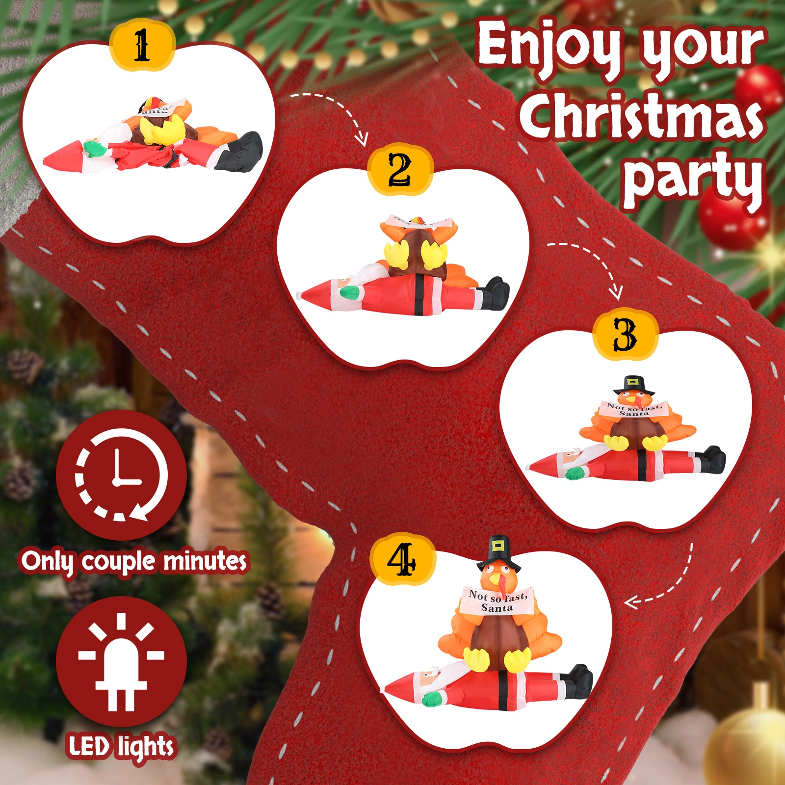 4.9 FT Lighted Christmas Inflatable Decoration, Inflatable Turkey Sitting on Santa Claus, Funny Blow Up Yard Decorations with Built-in LED Lights for Holiday Party Front Yard Lawn Garden Decor view 18