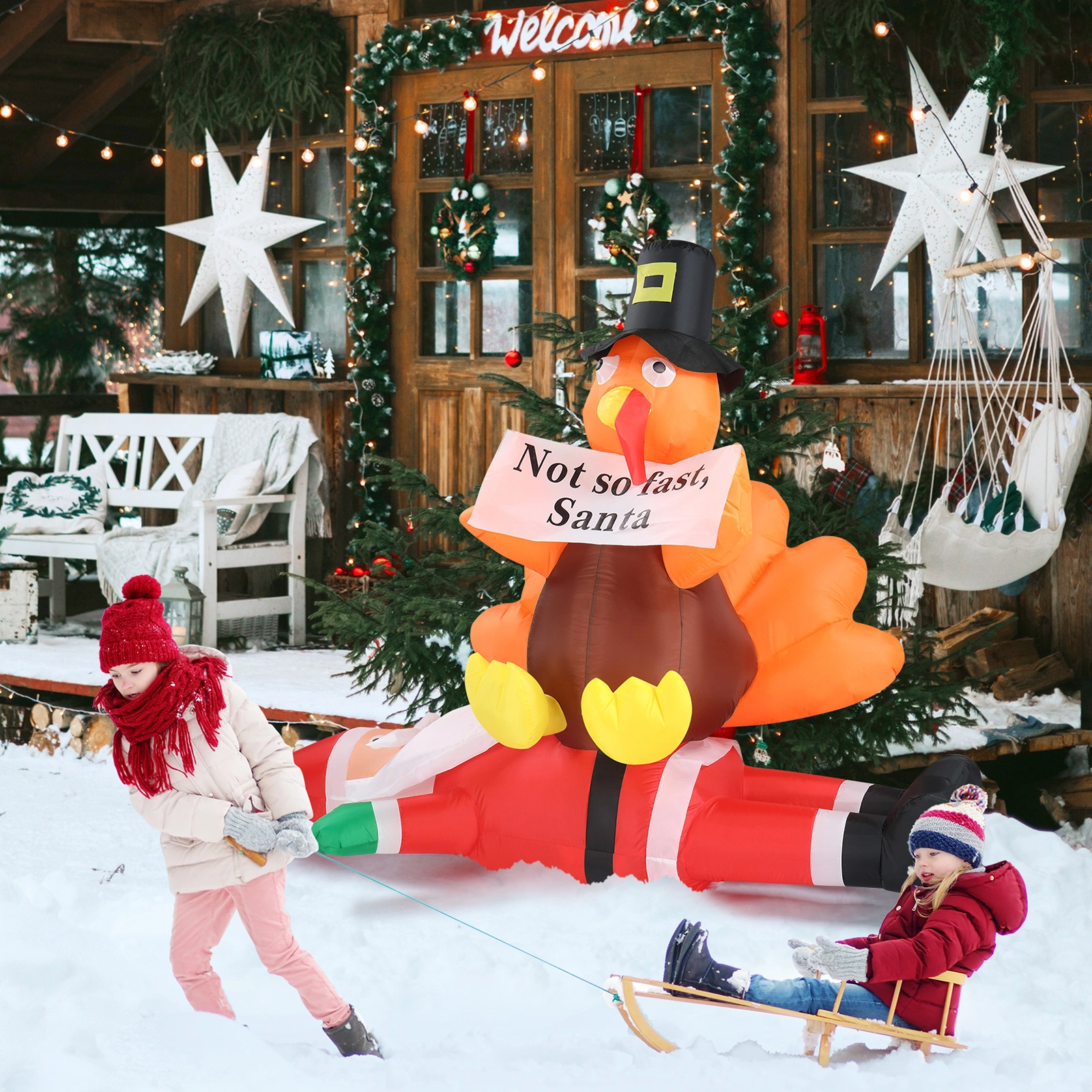 4.9 FT Lighted Christmas Inflatable Decoration, Inflatable Turkey Sitting on Santa Claus, Funny Blow Up Yard Decorations with Built-in LED Lights for Holiday Party Front Yard Lawn Garden Decor view 19