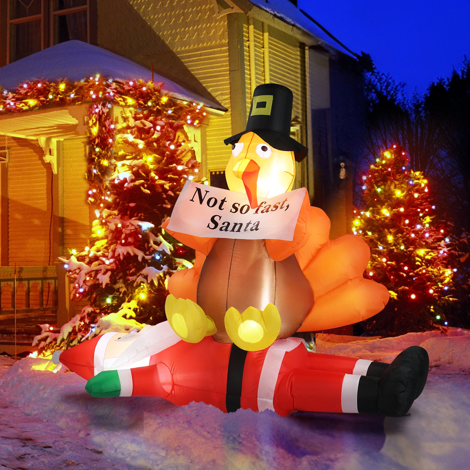 4.9 FT Lighted Christmas Inflatable Decoration, Inflatable Turkey Sitting on Santa Claus, Funny Blow Up Yard Decorations with Built-in LED Lights for Holiday Party Front Yard Lawn Garden Decor view 21