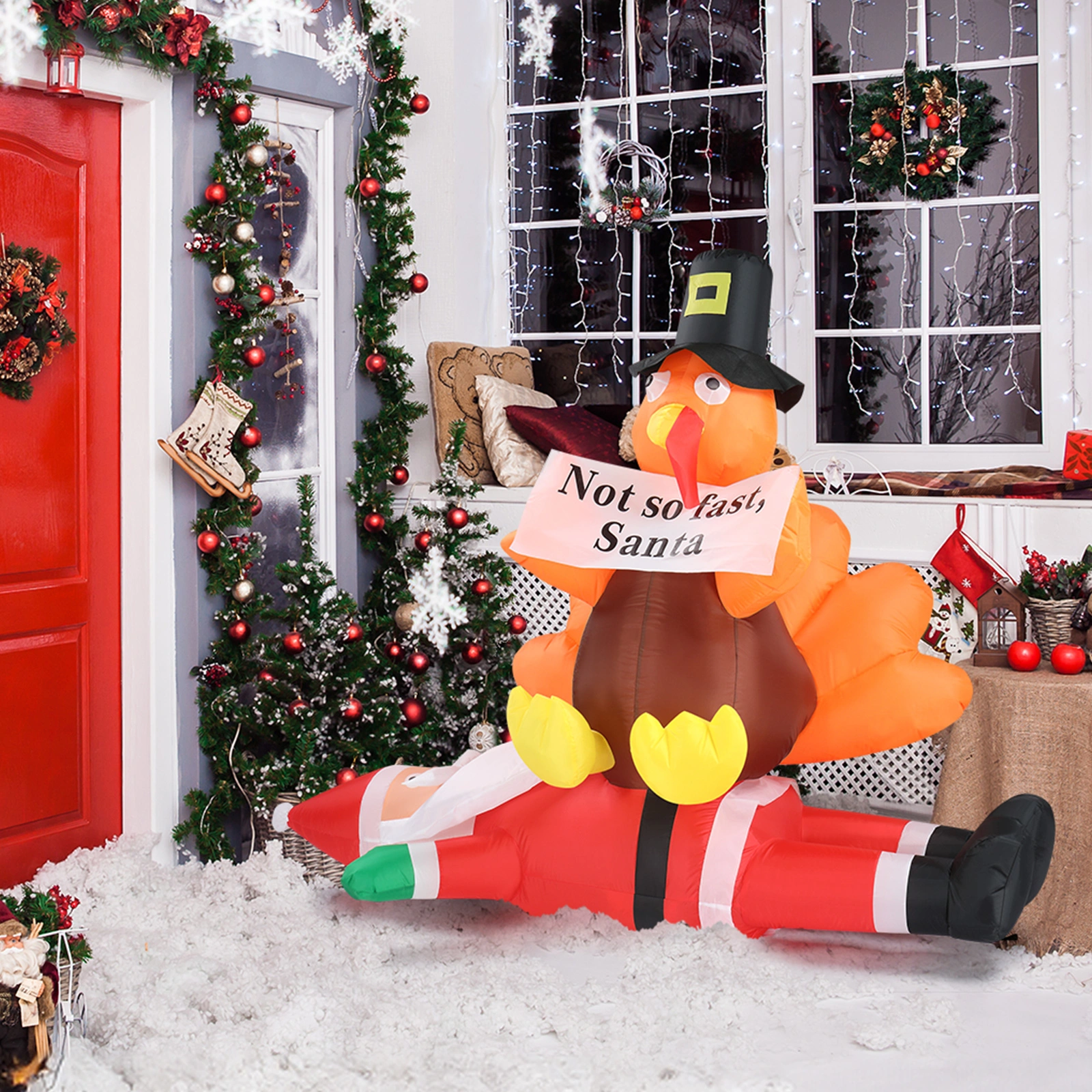4.9 FT Lighted Christmas Inflatable Decoration, Inflatable Turkey Sitting on Santa Claus, Funny Blow Up Yard Decorations with Built-in LED Lights for Holiday Party Front Yard Lawn Garden Decor view 22
