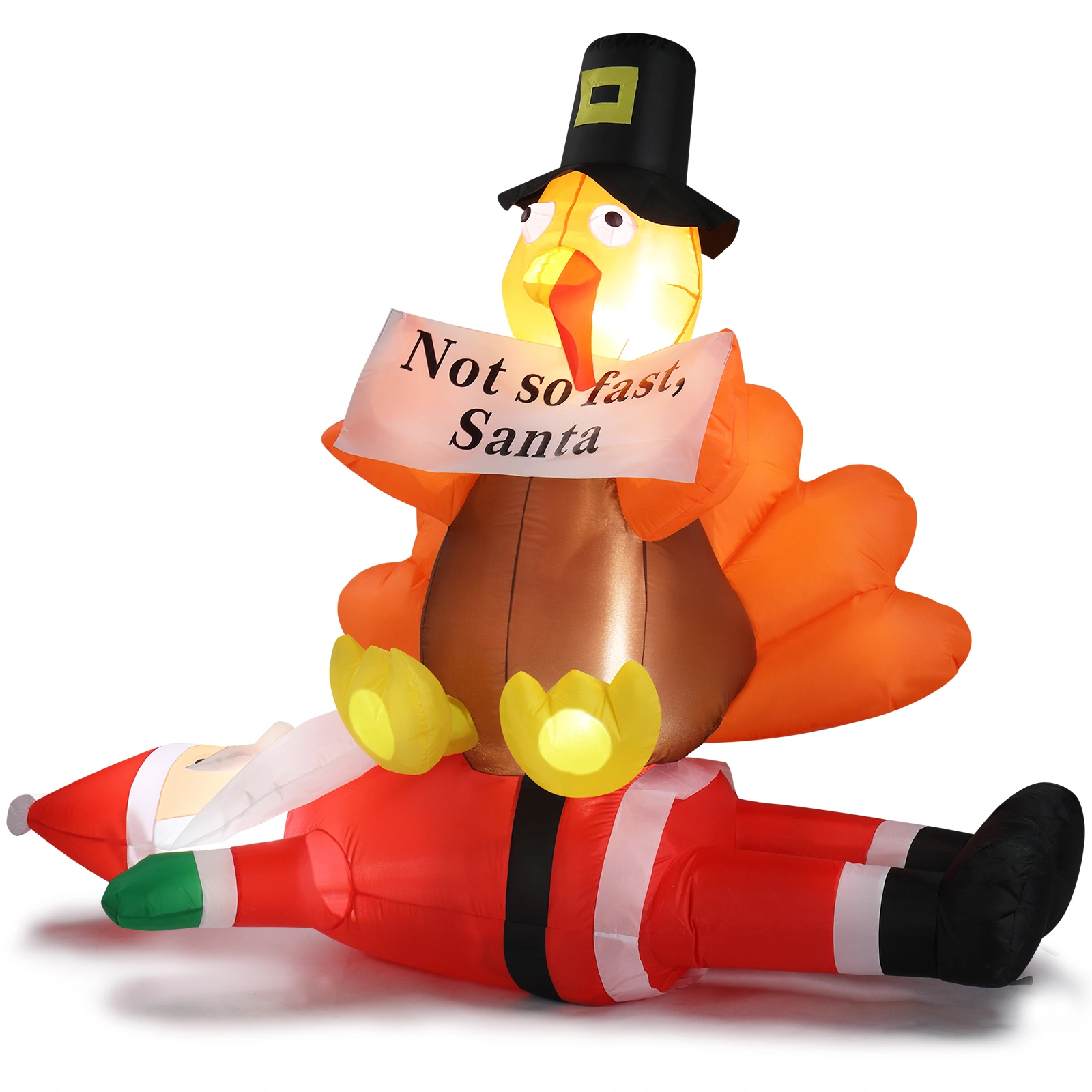 4.9 FT Lighted Christmas Inflatable Decoration, Inflatable Turkey Sitting on Santa Claus, Funny Blow Up Yard Decorations with Built-in LED Lights for Holiday Party Front Yard Lawn Garden Decor view 4