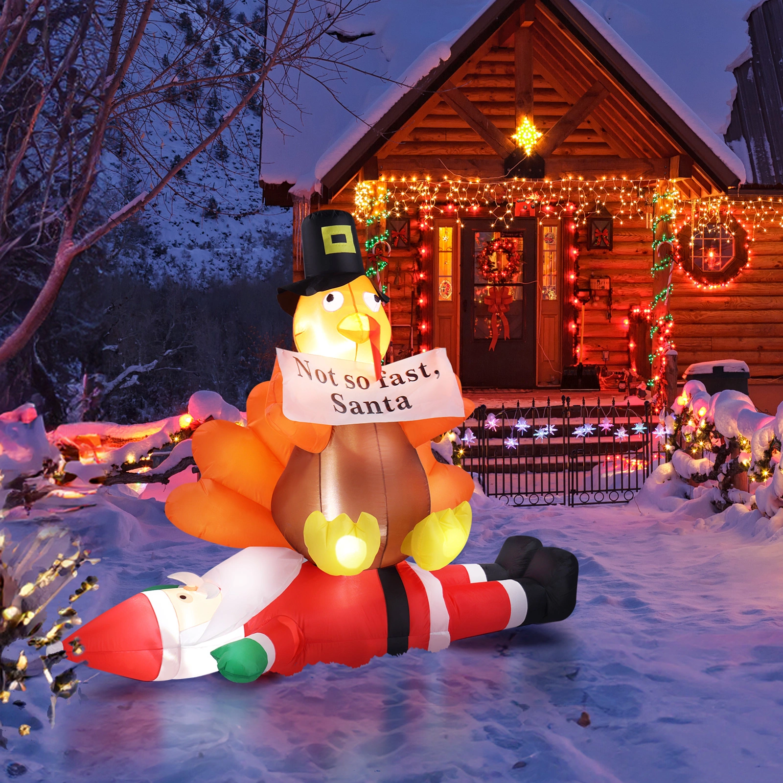 4.9 FT Lighted Christmas Inflatable Decoration, Inflatable Turkey Sitting on Santa Claus, Funny Blow Up Yard Decorations with Built-in LED Lights for Holiday Party Front Yard Lawn Garden Decor view 6